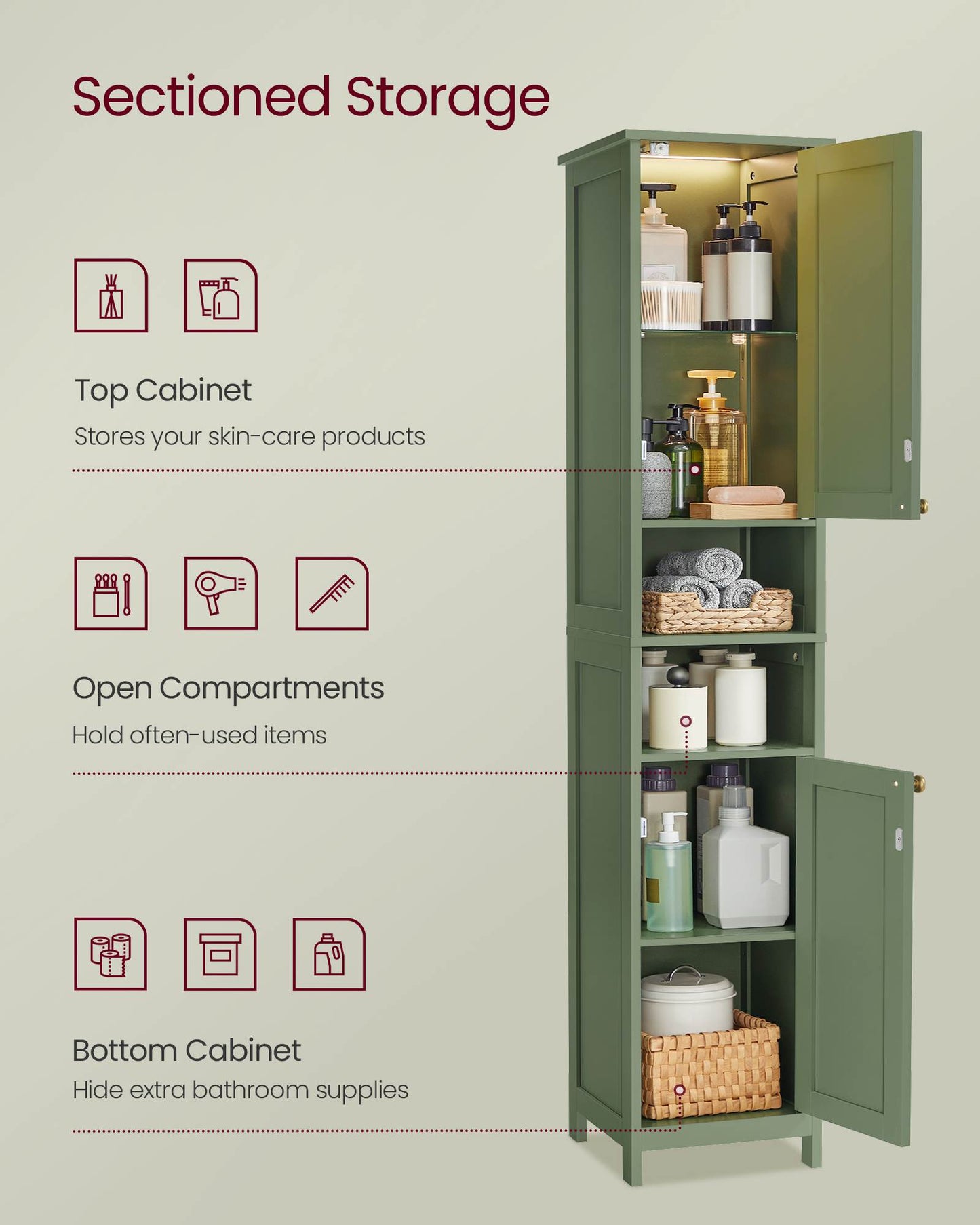 VASAGLE Tall Bathroom Cabinet with Lights – Forest Green
