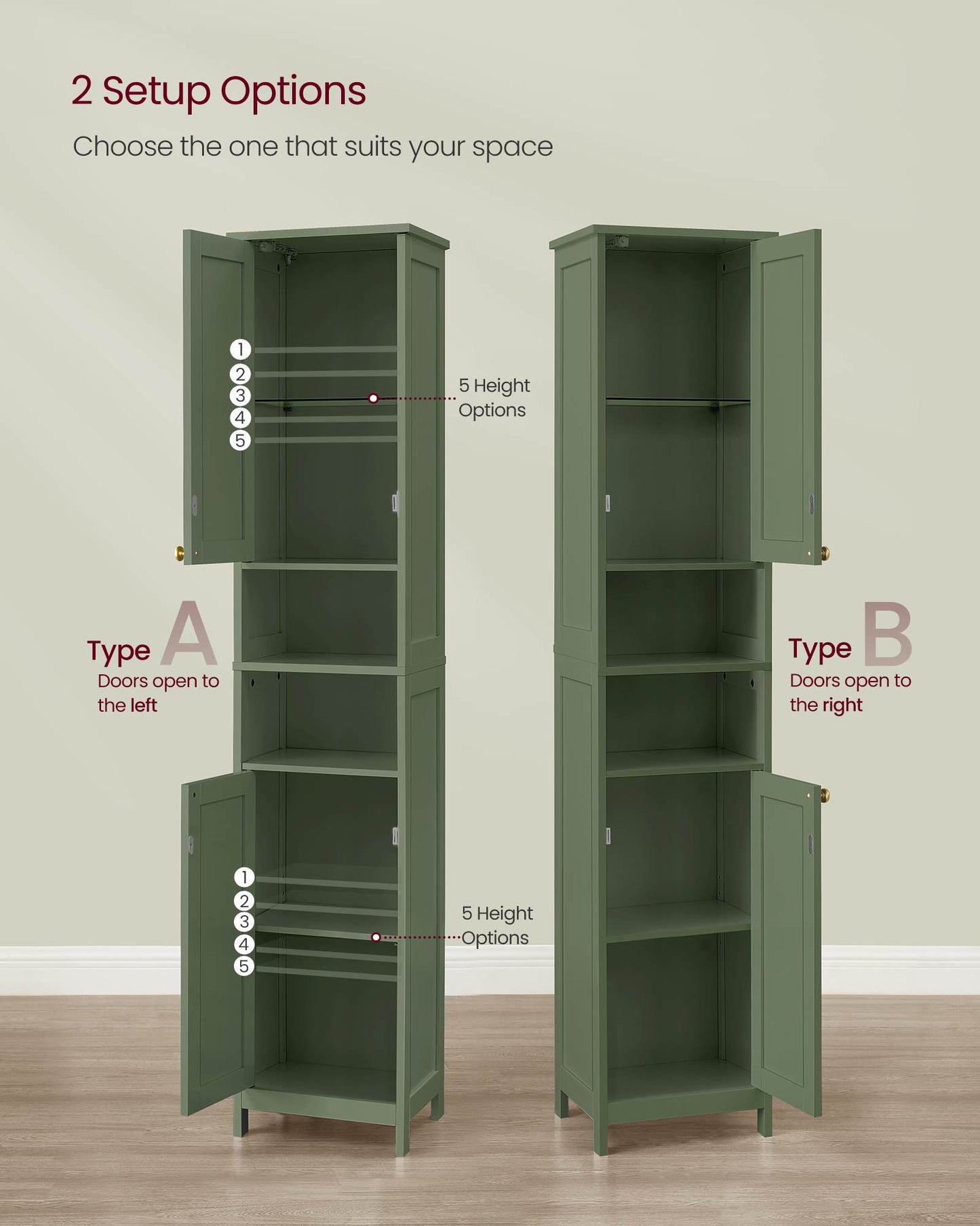 VASAGLE Tall Bathroom Cabinet with Lights – Forest Green