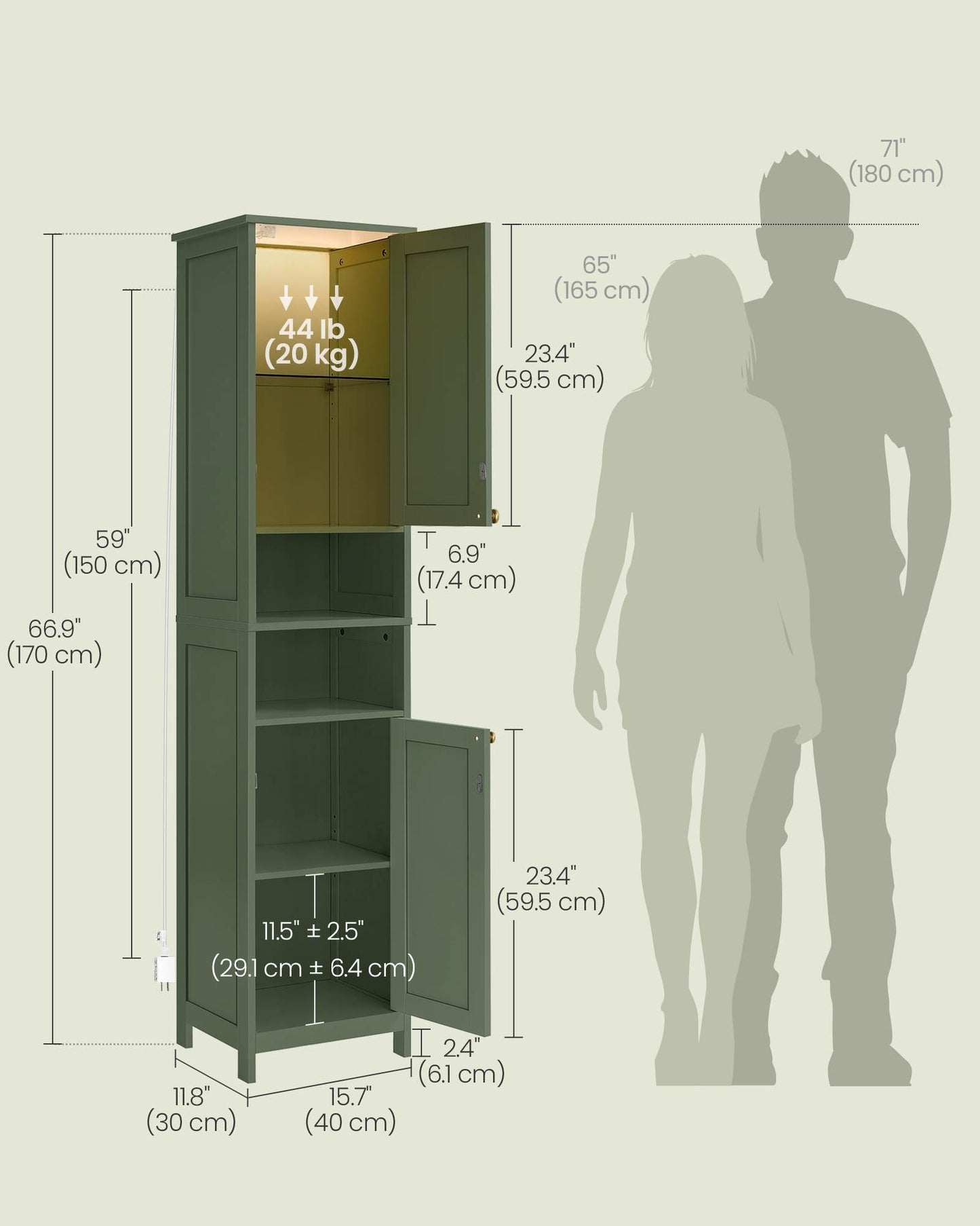 VASAGLE Tall Bathroom Cabinet with Lights – Forest Green