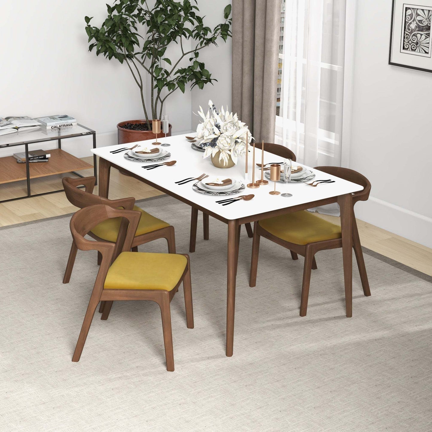 Dakota Dark Yellow Velvet Dining Chair (Set of 2) With Solid Wood Legs and Mid-Century Modern Design 29.3'H x 16'W x 22'D FredCo