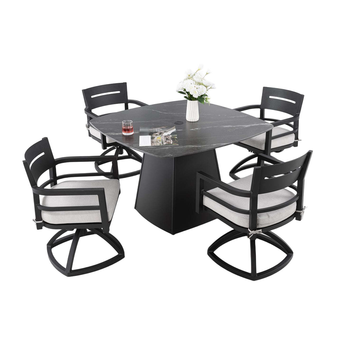 5-Piece Outdoor Pedestal Dining Set, 44' Rounded Square Sintered Stone Table with Flared Base and 4 Swivel Rockers, Sunbrella Cushions, Rust-Free Aluminum, Weather-Resistant, for Patio or Deck