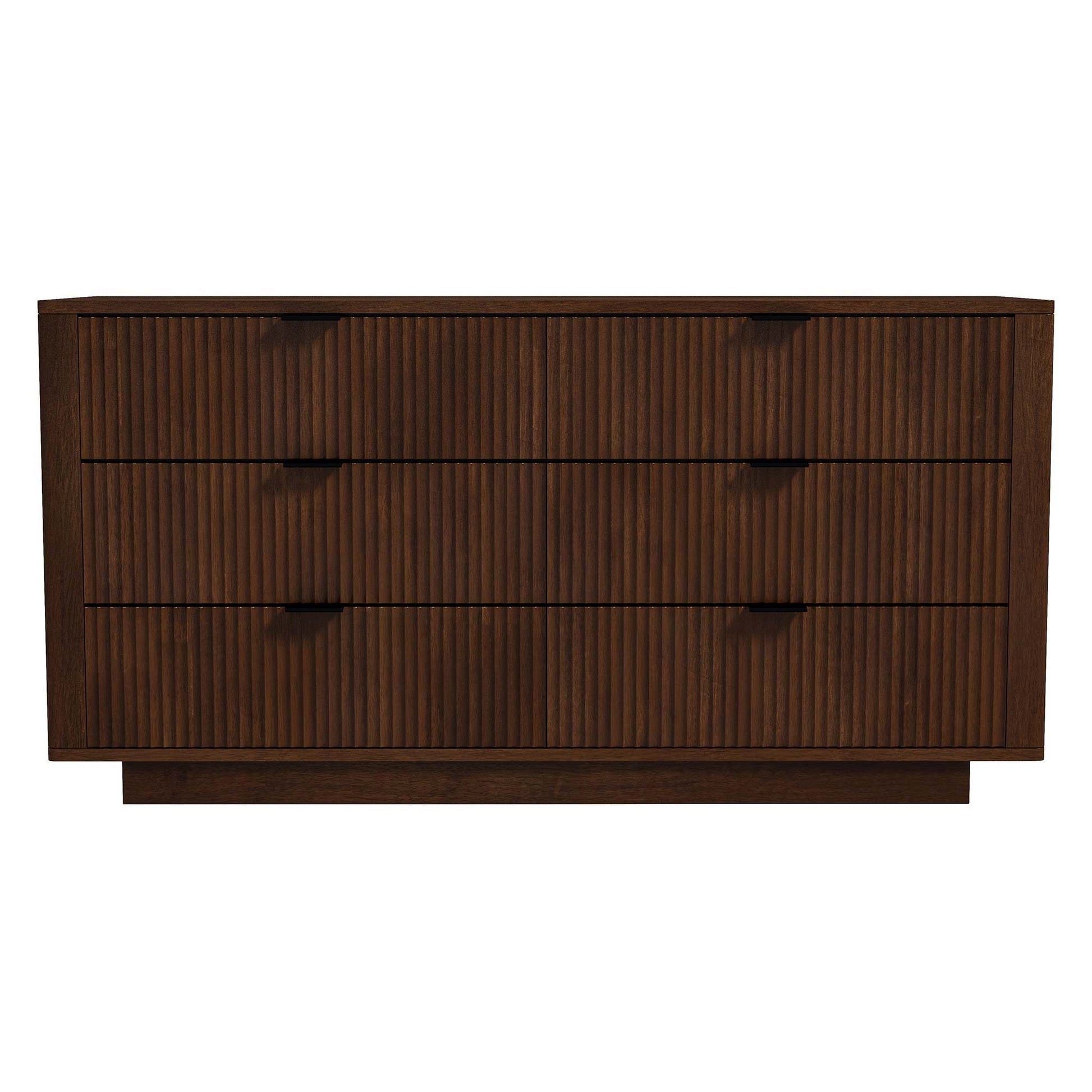Modern dark wood dresser with three drawers and textured front, FredCo International furniture