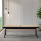 Modern wood bench with woven seat on gray rug in a bright living room, FredCo International furniture