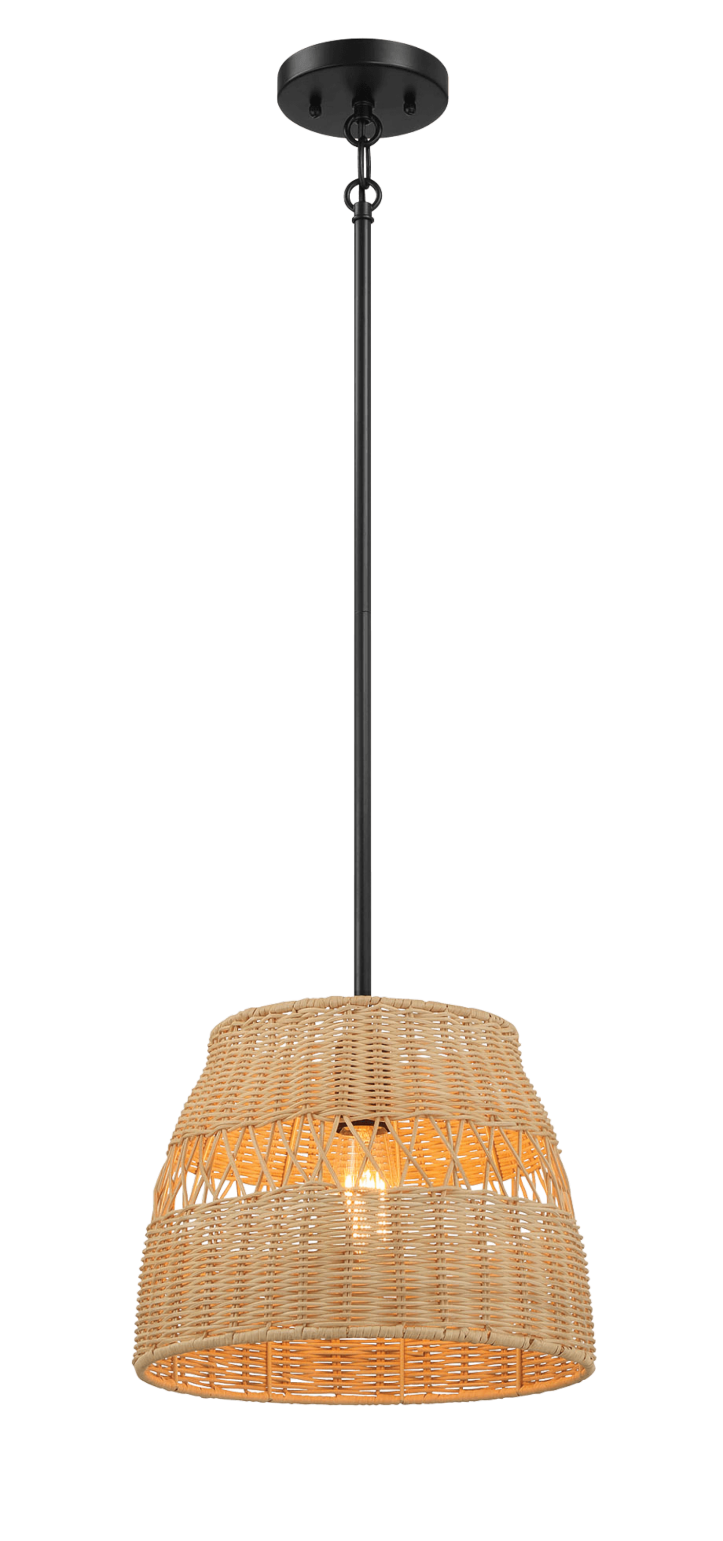 Woven rattan pendant light with black metal rod, modern home lighting from FredCo International