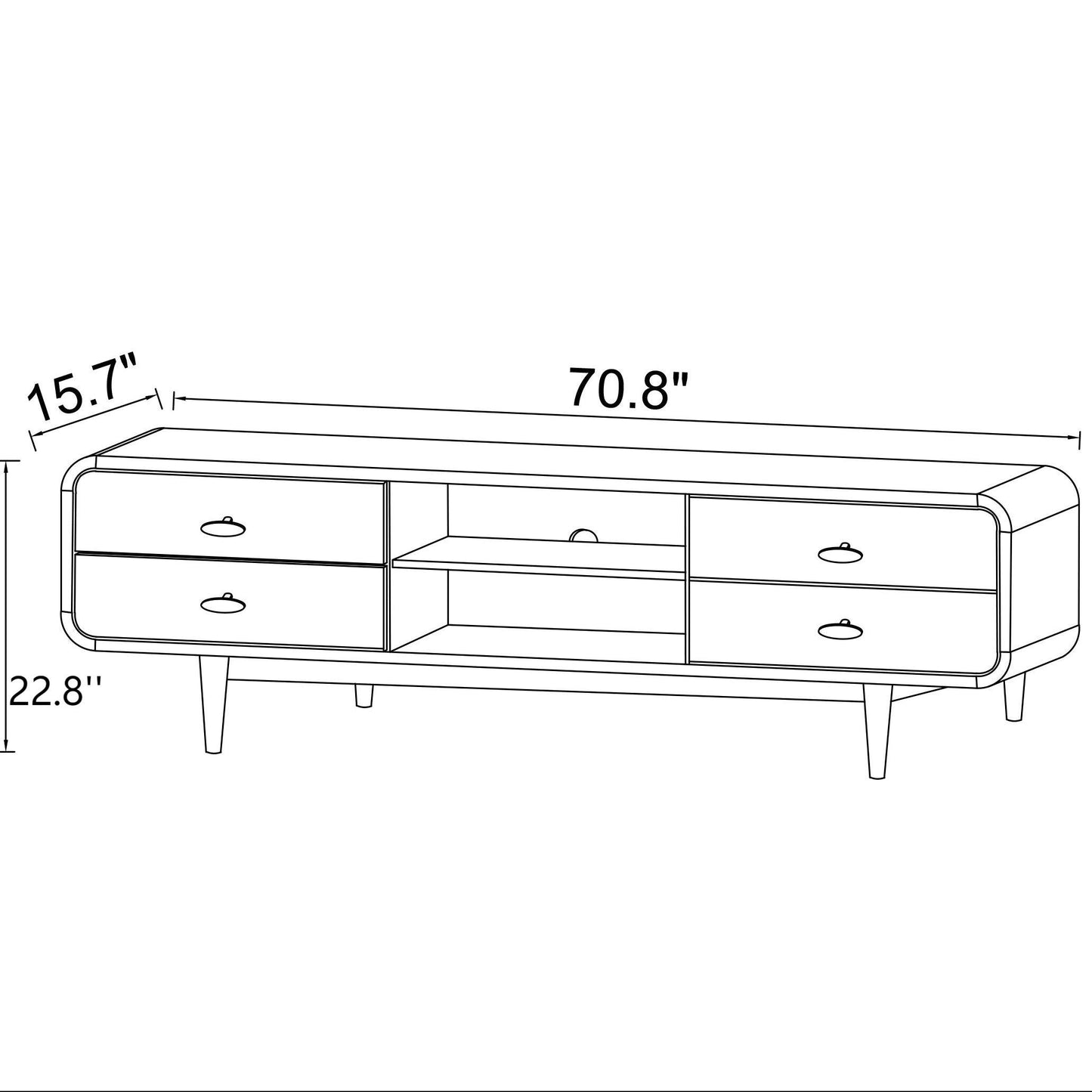 Modern TV stand cabinet with four drawers, open shelves, and size dimensions, FredCo International furniture