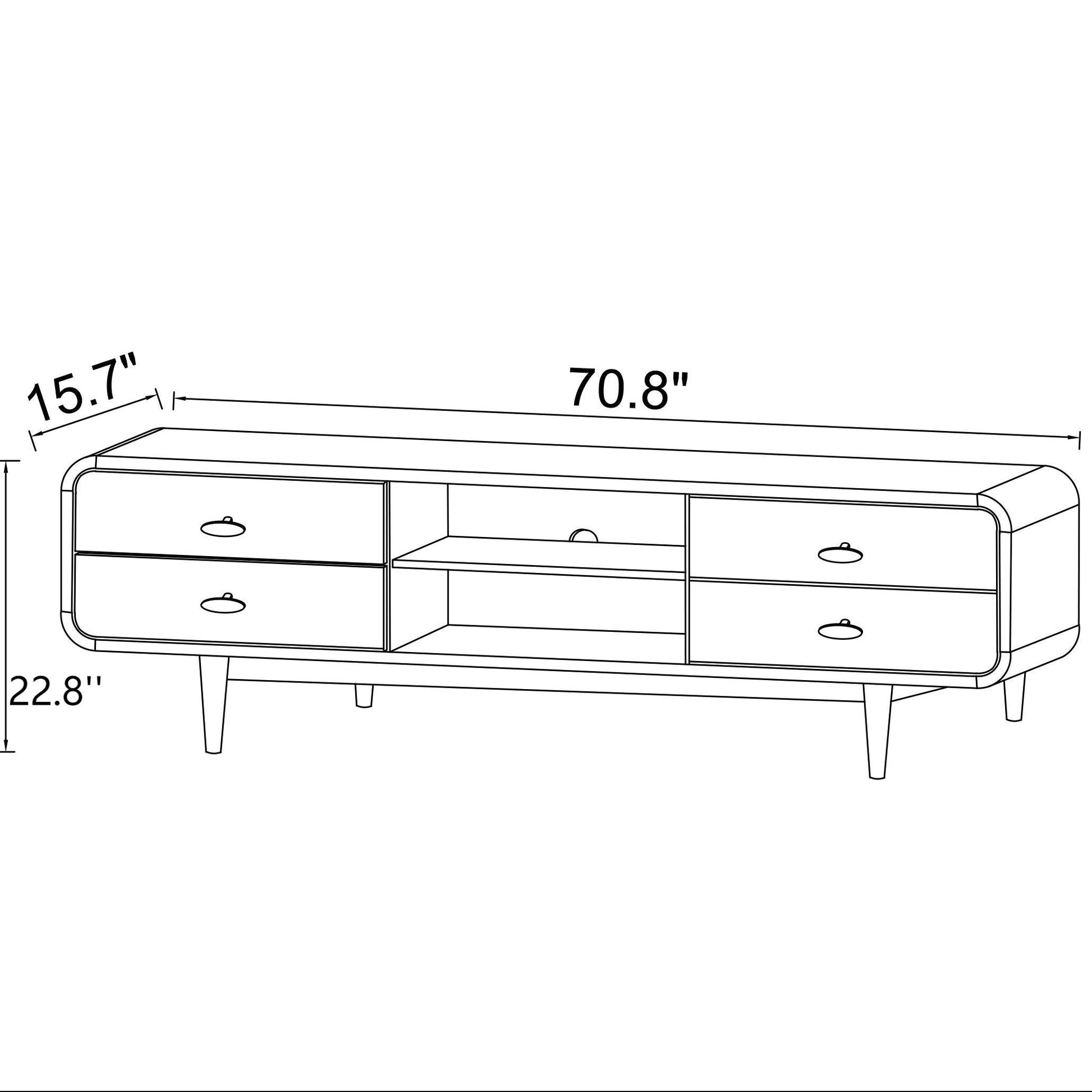 Modern TV stand cabinet with four drawers, open shelves, and size dimensions, FredCo International furniture
