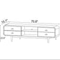 Modern TV stand cabinet with four drawers, open shelves, and size dimensions, FredCo International furniture