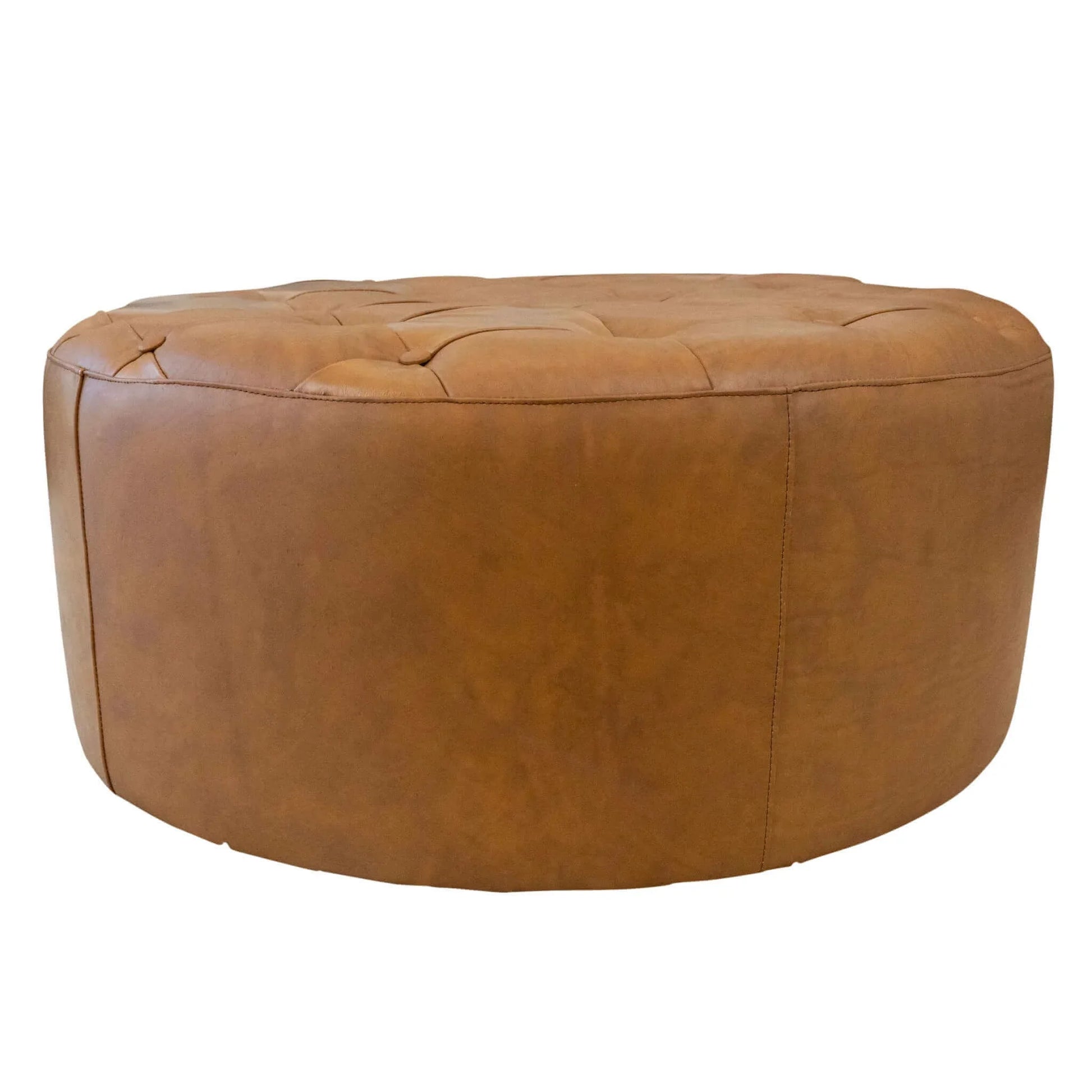 Round brown leather ottoman with tufted top for living room, FredCo International furniture