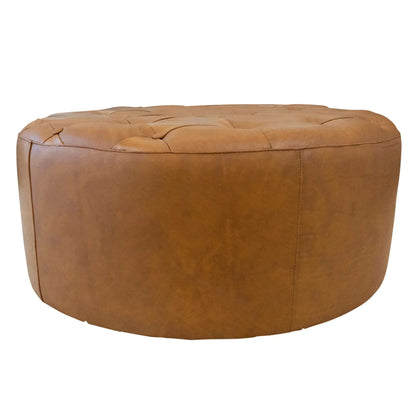 Round brown leather ottoman with tufted top for living room, FredCo International furniture