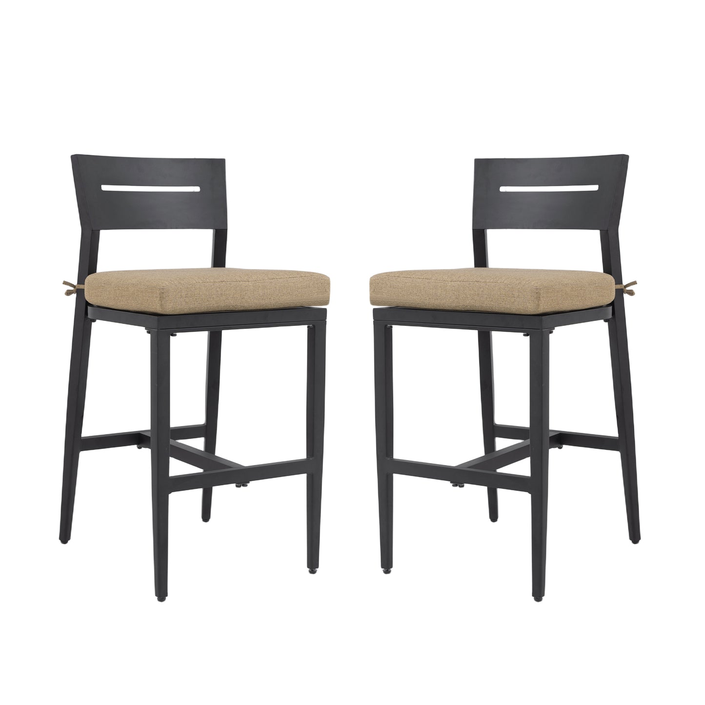 Modern Outdoor 2PC Bar Stools with Ergonomic Backrest, Tapered Legs in Ember Black Aluminum and Sunbrella Cushion