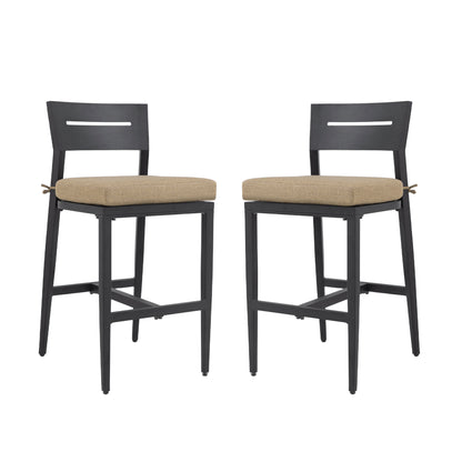 Modern Outdoor 2PC Bar Stools with Ergonomic Backrest, Tapered Legs in Ember Black Aluminum and Sunbrella Cushion