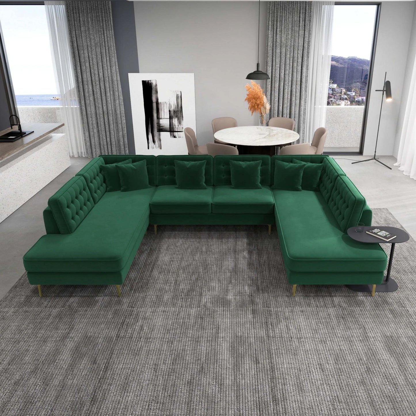 Modern green sectional sofa in a bright living room with dining area, large windows, and gray rug
