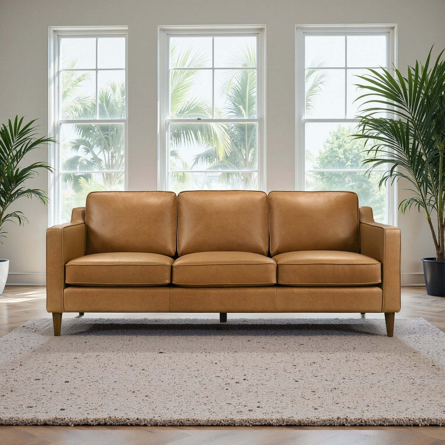 Cooper Mid Century Modern Tan Leather Sofa with Easy Maintenance and Solid Wood Frame FredCo