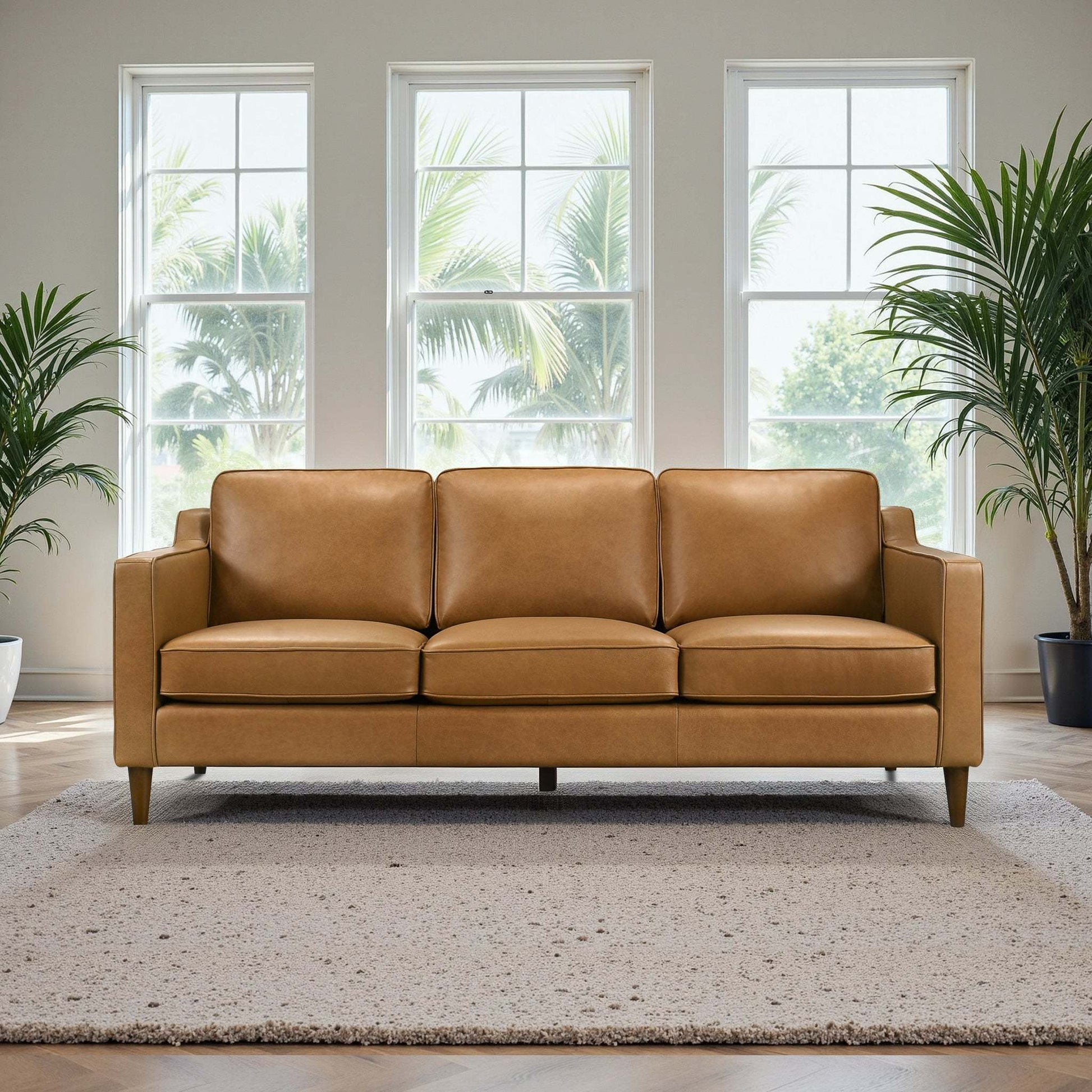 Cooper Mid Century Modern Tan Leather Sofa with Easy Maintenance and Solid Wood Frame FredCo