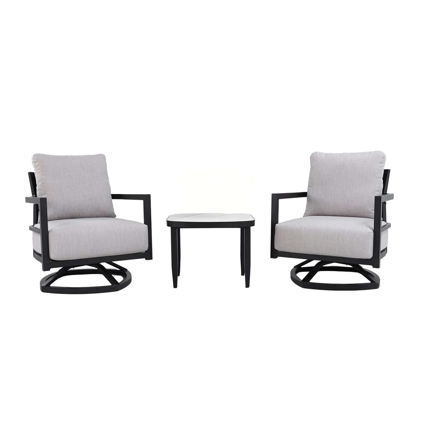 3PC Outdoor Aluminum Patio Furniture,Modern Fully Weld Swivel Lounge Chair Chat Set,Sunbrella Cushions,Elegance Arc 23.6'' Side Table with Greek White Marble-Inspired Sintered Stone Top,Ember Black