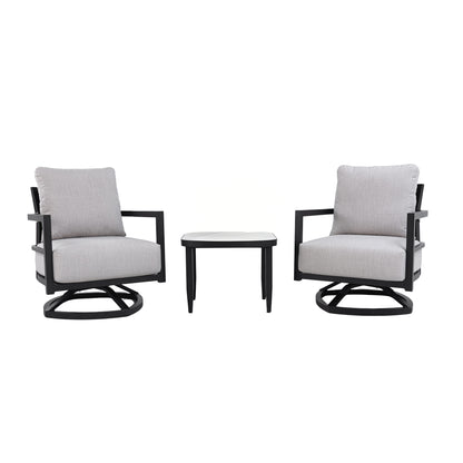 3PC Outdoor Aluminum Patio Furniture,Modern Fully Weld Swivel Lounge Chair Chat Set,Sunbrella Cushions,Elegance Arc 23.6'' Side Table with Greek White Marble-Inspired Sintered Stone Top,Ember Black