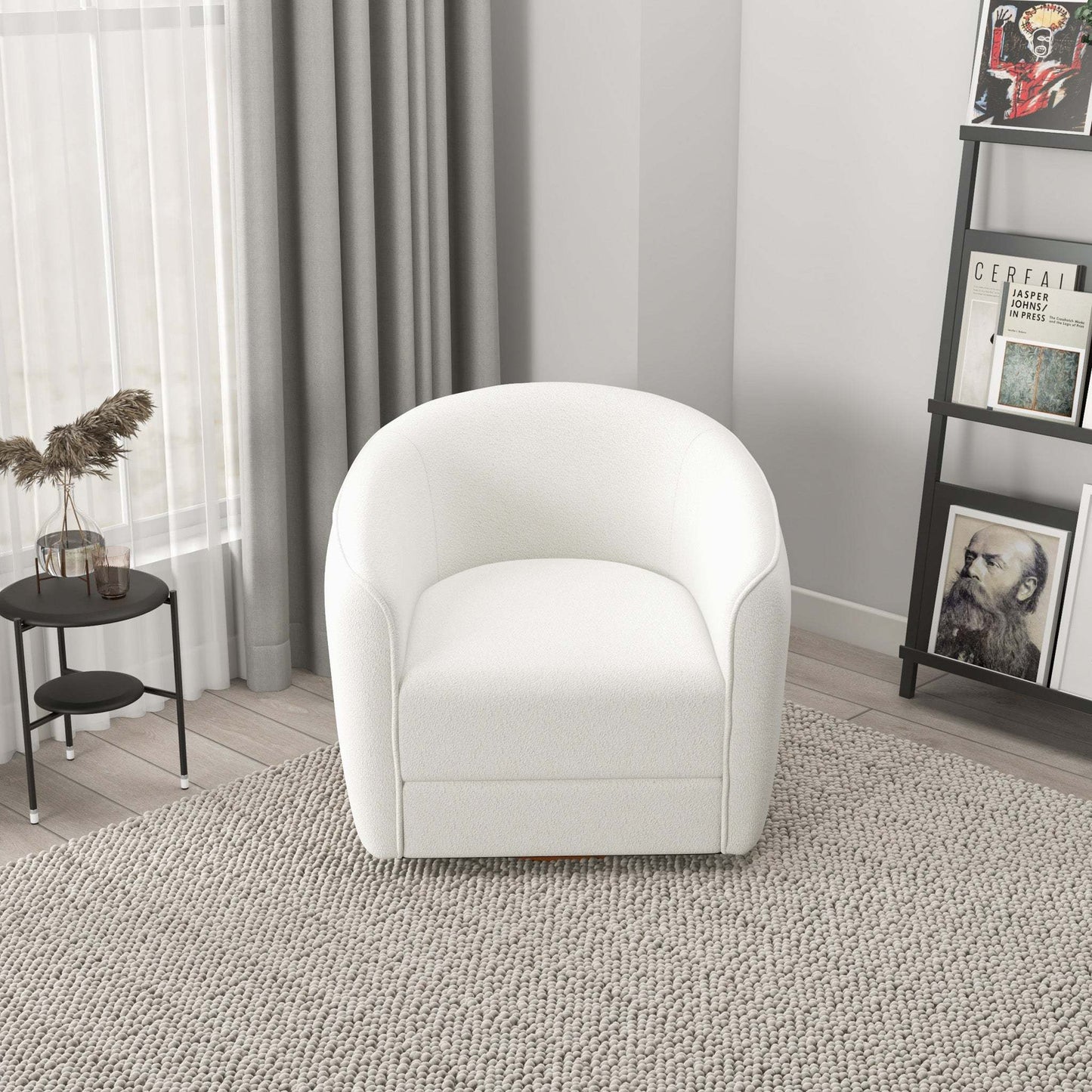High Quality Elise Mid Century Modern Beige Boucle Swivel Chair with Elegant Design and Multi-functional Use 34.2W'x 30D'x 30H' Swivel Round Chairs for Living Room Bedroom Reading, White FredCo