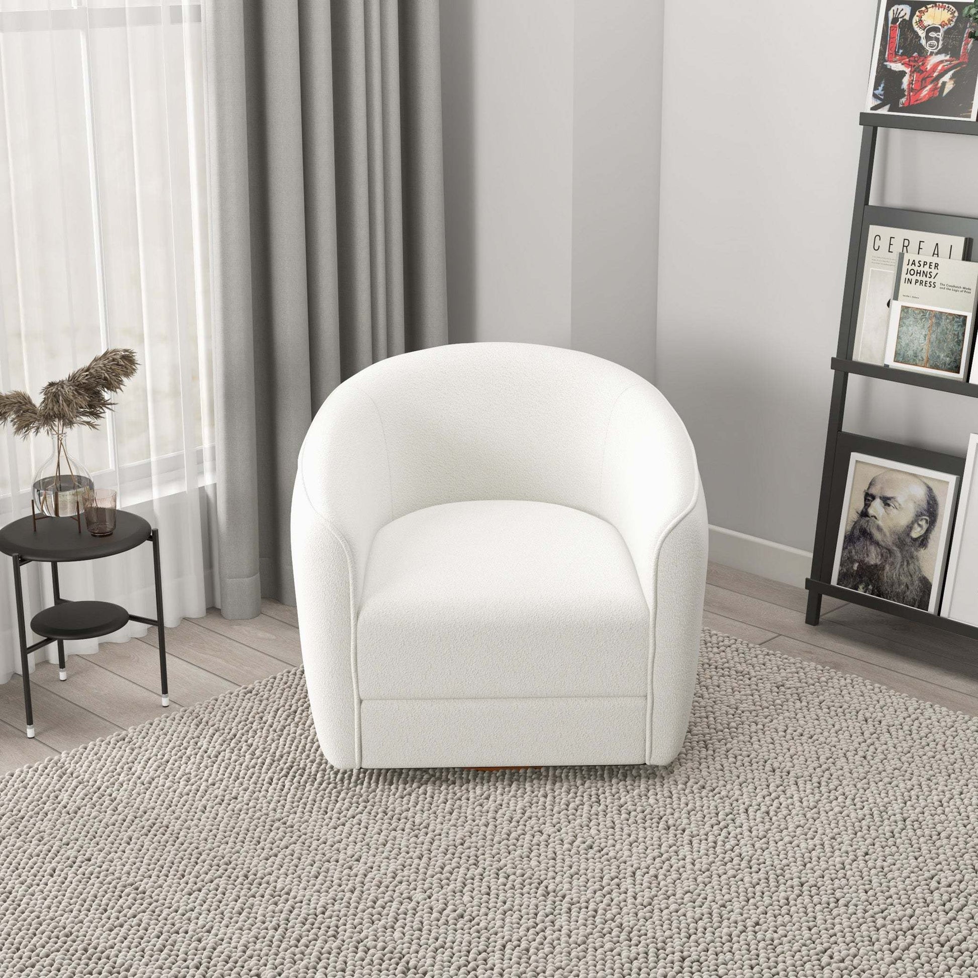 High Quality Elise Mid Century Modern Beige Boucle Swivel Chair with Elegant Design and Multi-functional Use 34.2W'x 30D'x 30H' Swivel Round Chairs for Living Room Bedroom Reading, White FredCo