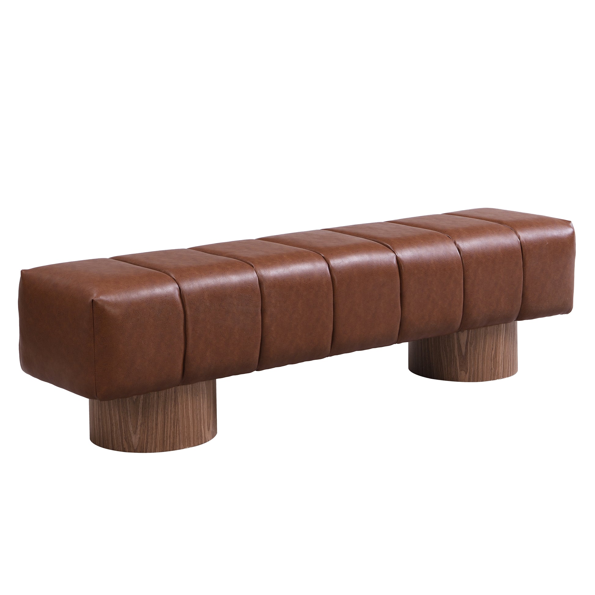 Upholstered Dining Bench for Dining Room, No-Assembly End of Bed Entryway Bench Ottoman for Bedroom Living Room, Brown PU Stool Top Wood Leg 300 LBS Weight Capacity FredCo