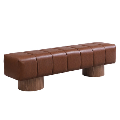 Upholstered Dining Bench for Dining Room, No-Assembly End of Bed Entryway Bench Ottoman for Bedroom Living Room, Brown PU Stool Top Wood Leg 300 LBS Weight Capacity FredCo