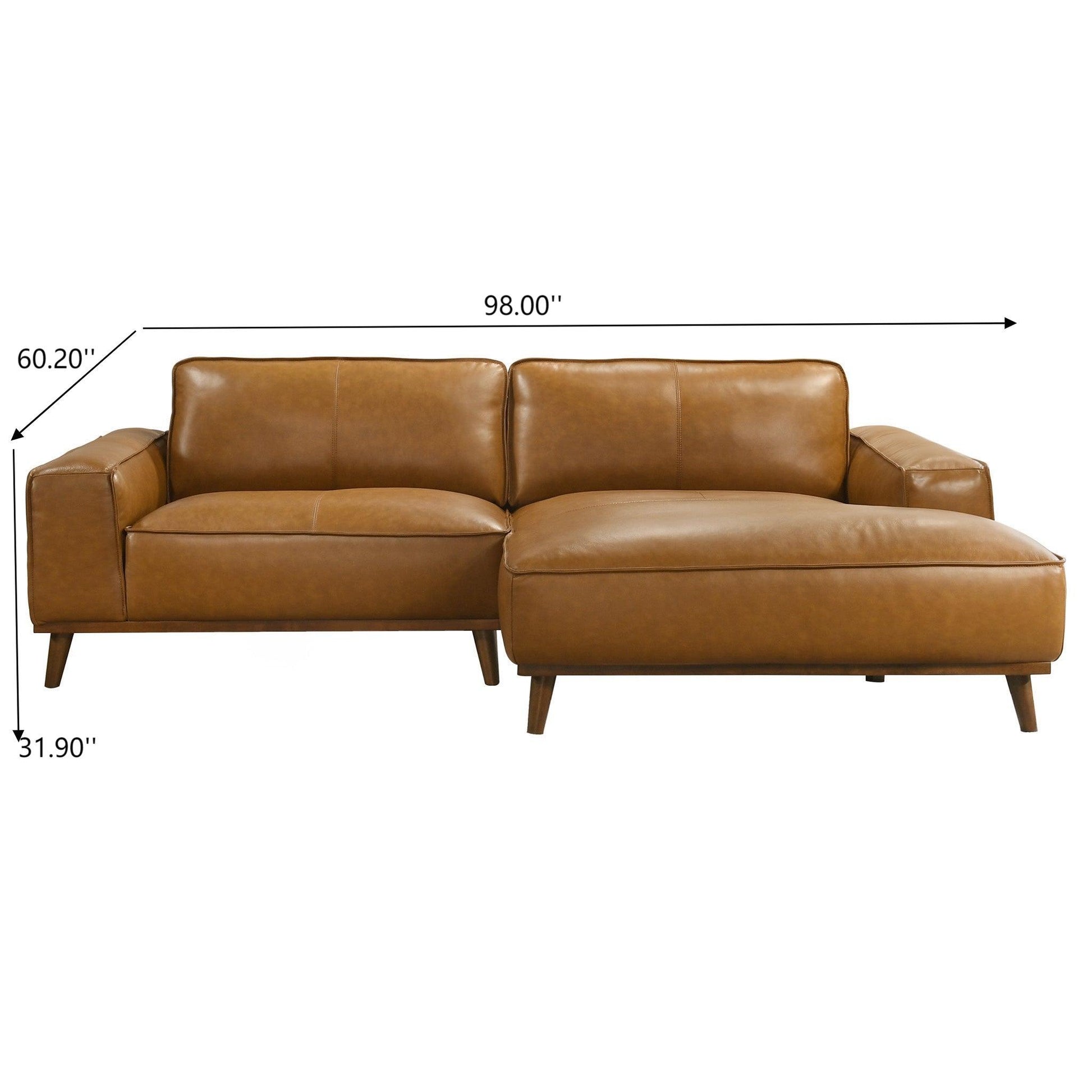 Modern brown leather sectional sofa with chaise lounge and dimensions, FredCo International furniture