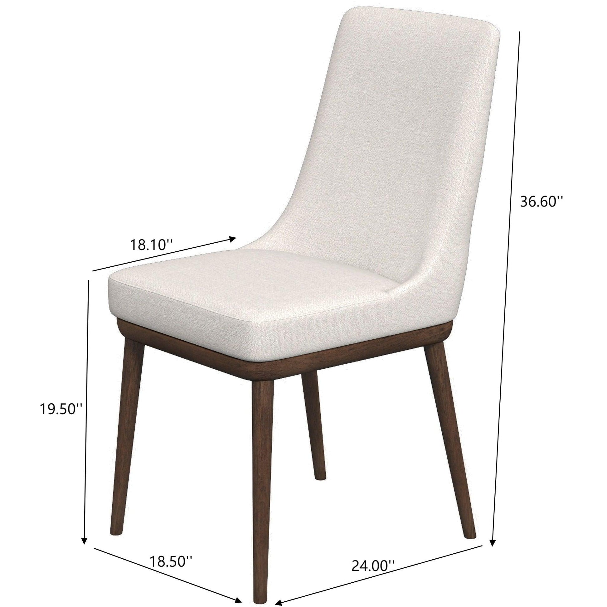 Modern upholstered dining chair with wooden legs, shown with measurements, FredCo International furniture