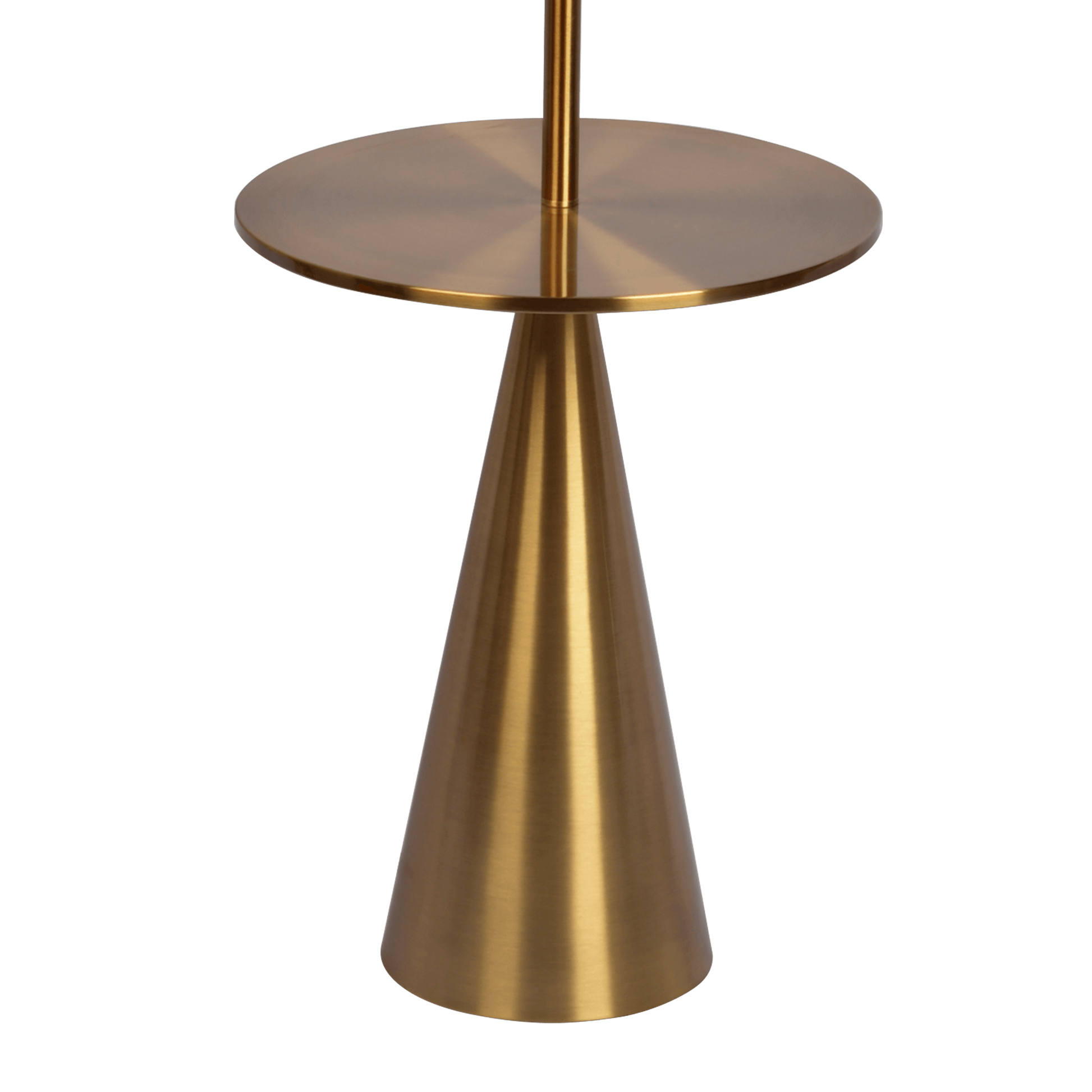 Modern gold metal side table with round top and cone base, FredCo International furniture