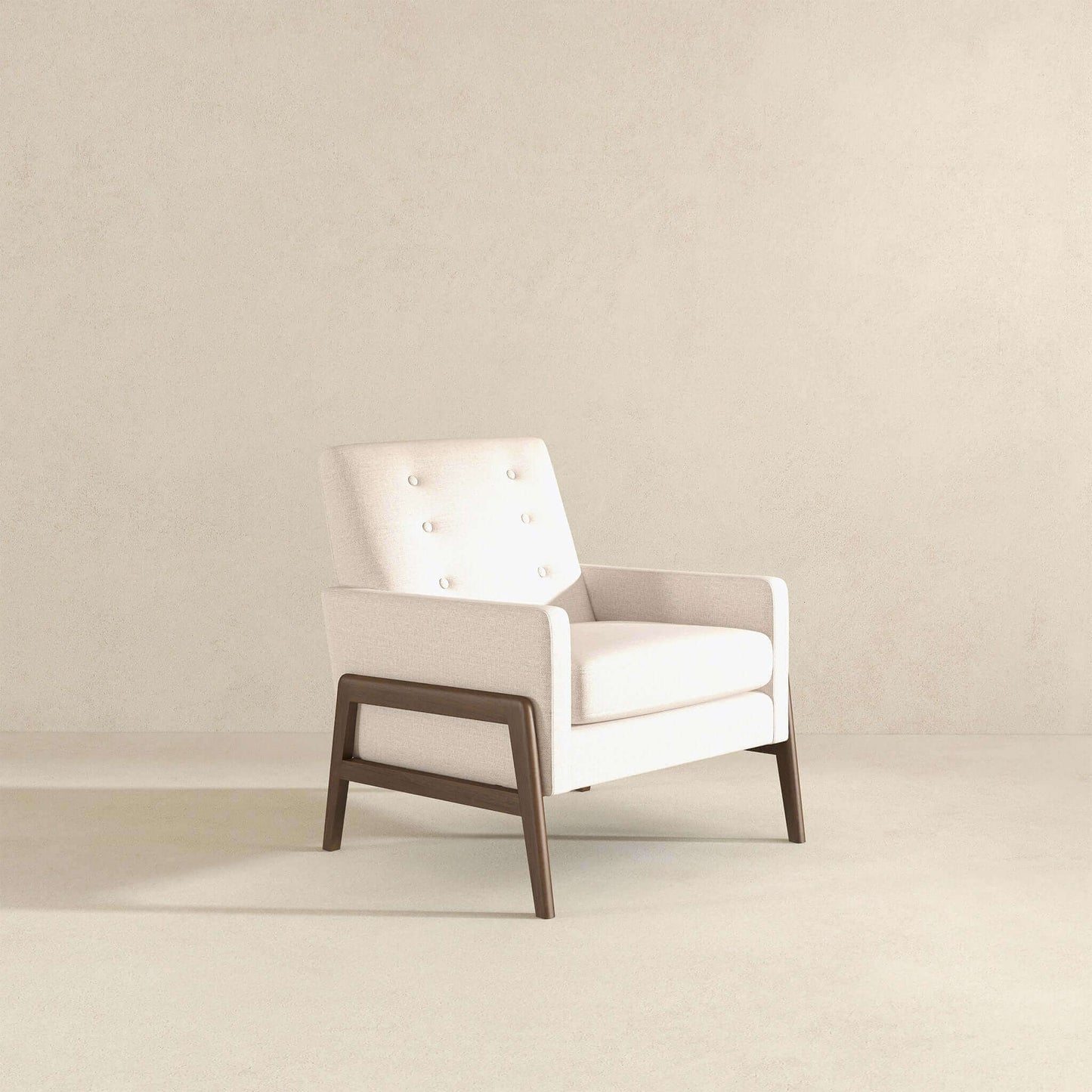 Modern cream armchair with wooden frame in minimalist room, FredCo International furniture