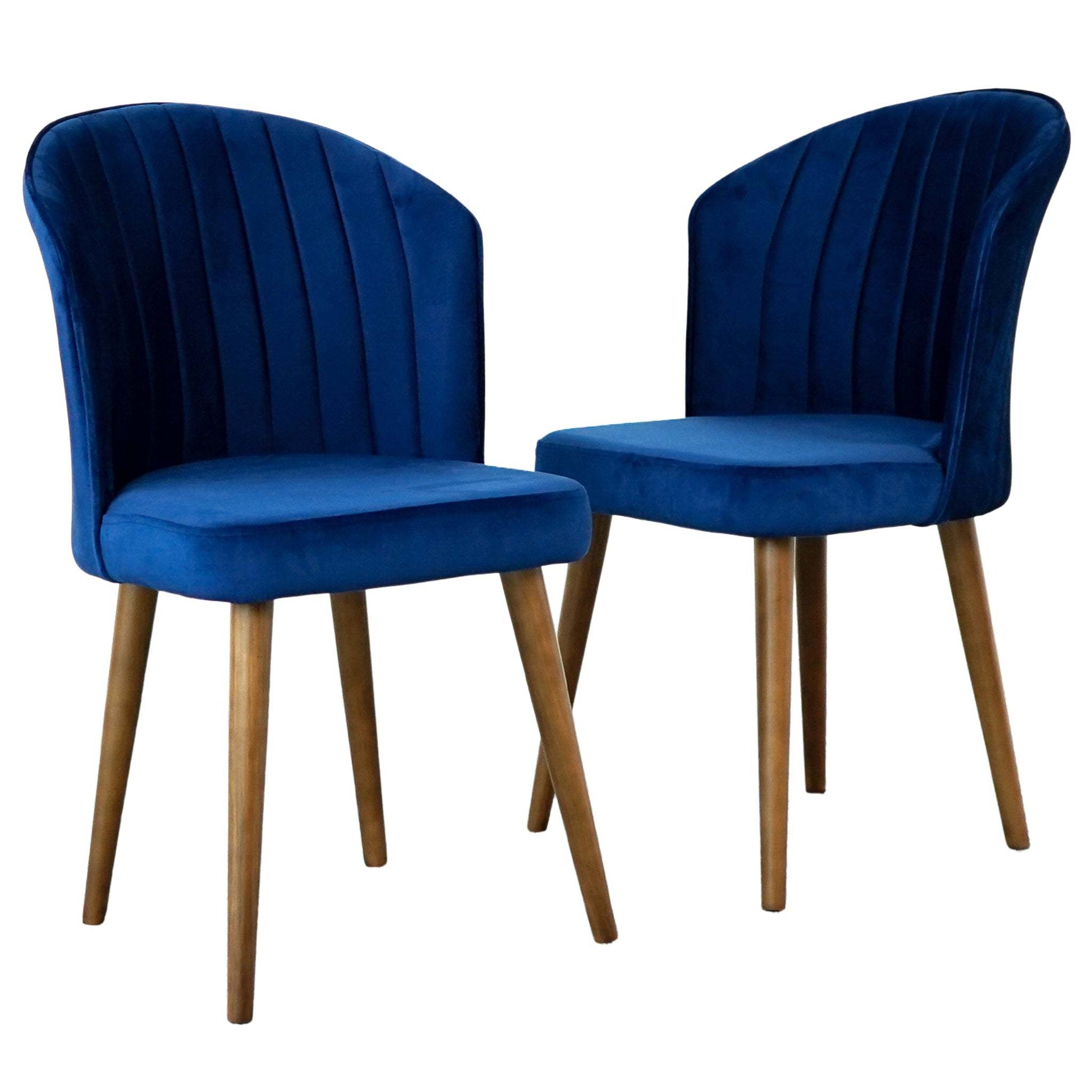 Pair of modern blue velvet dining chairs with wooden legs, sold by FredCo International