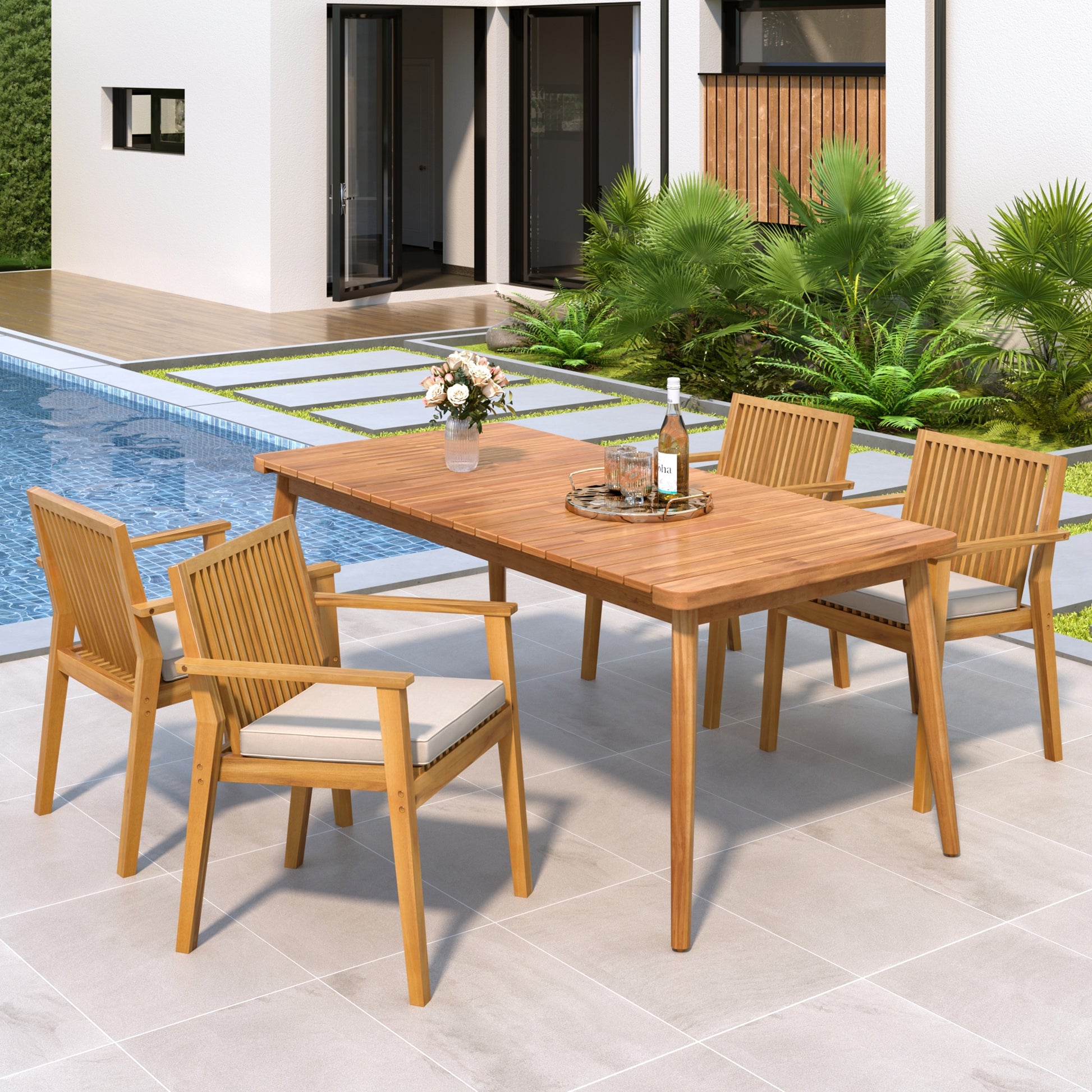5-Piece Acacia Wood Outdoor Dining Set, Patio Table & Chairs with Removable Cushions, Slatted Tabletop for Garden Backyard FredCo