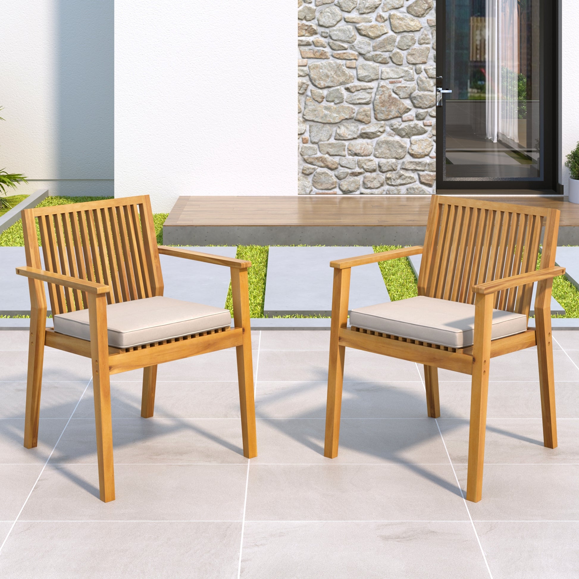 Patio Dining Chair Set of 2 - Sturdy Acacia Wood, Comfortable Waterproof Seating, 400 lbs Capacity, Natural Color Frame FredCo