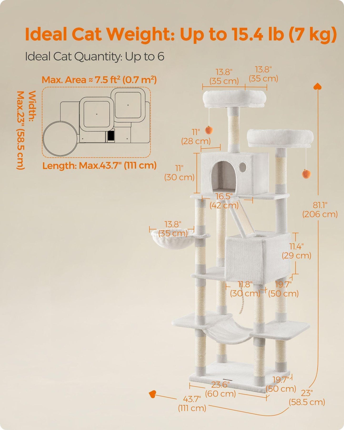 81.1" Large Multi-Level Cat Tree with 13 Scratching Posts Cream White FredCo