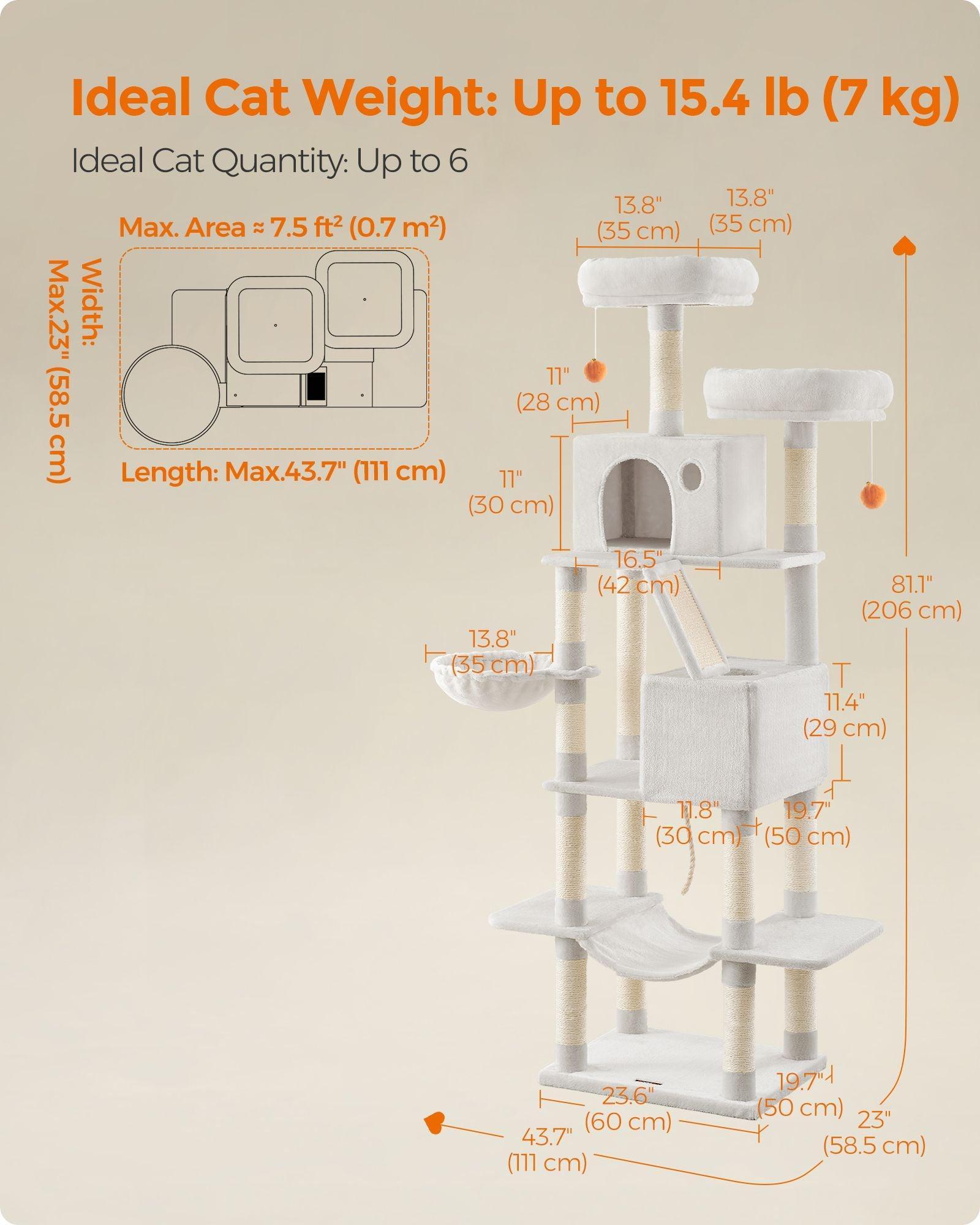 81.1" Large Multi-Level Cat Tree with 13 Scratching Posts Cream White FredCo