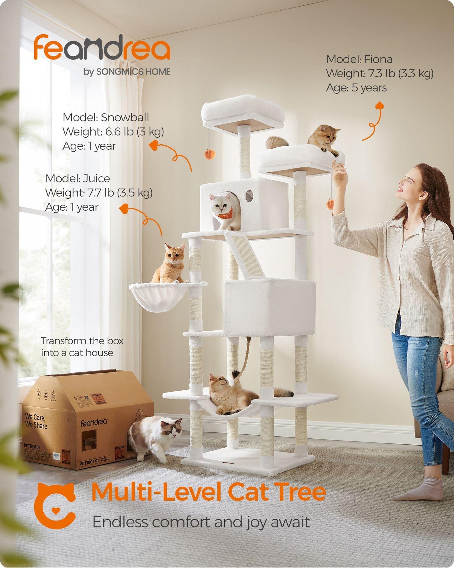 81.1" Large Multi-Level Cat Tree with 13 Scratching Posts Cream White FredCo
