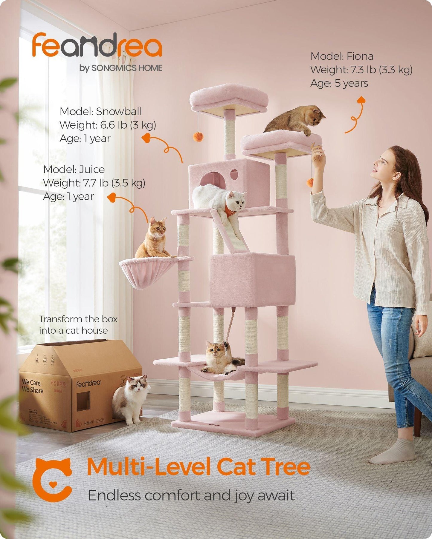81.1" Large Multi-Level Cat Tree with 13 Scratching Posts Jelly Pink FredCo
