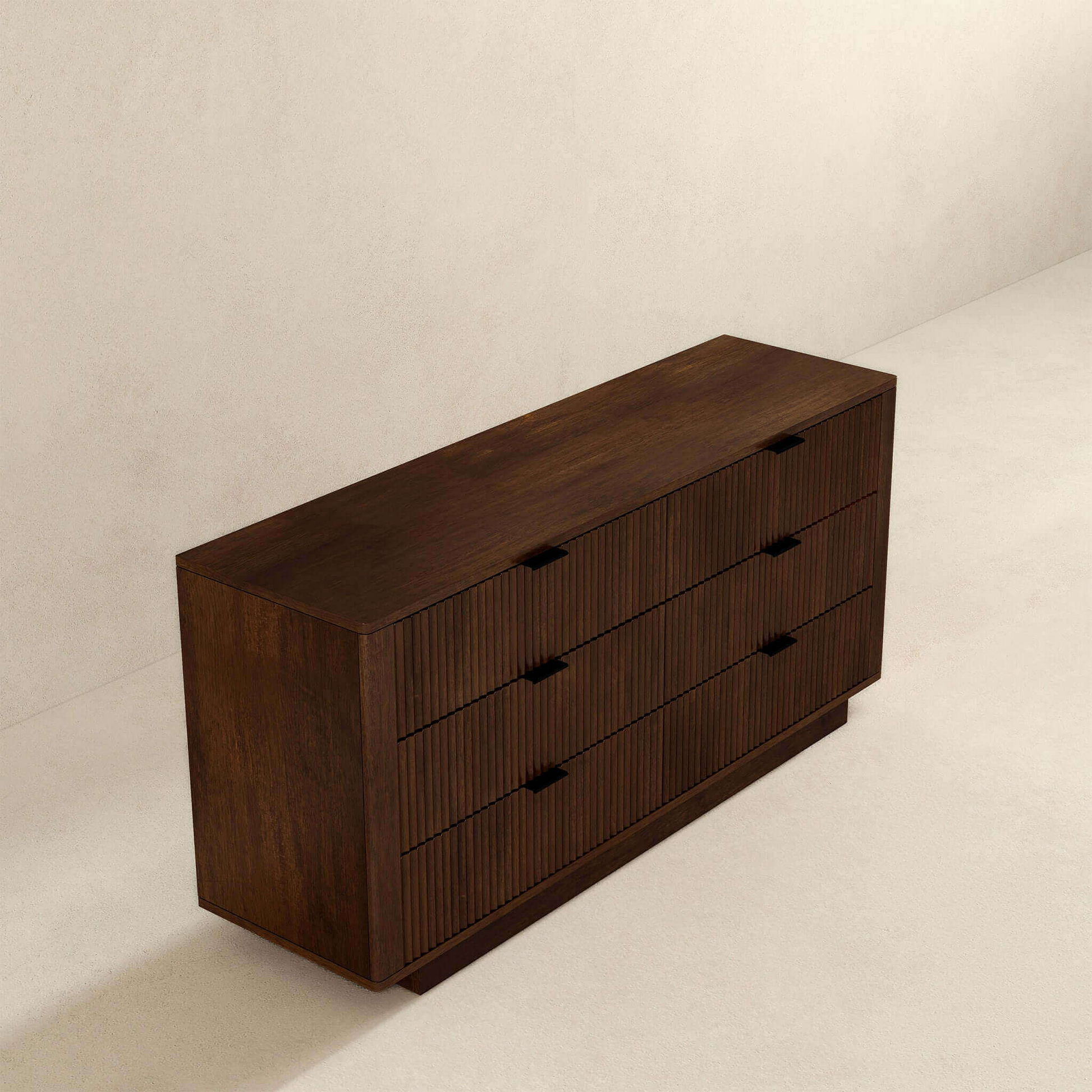 Modern dark wood dresser with six drawers on neutral background, FredCo International furniture