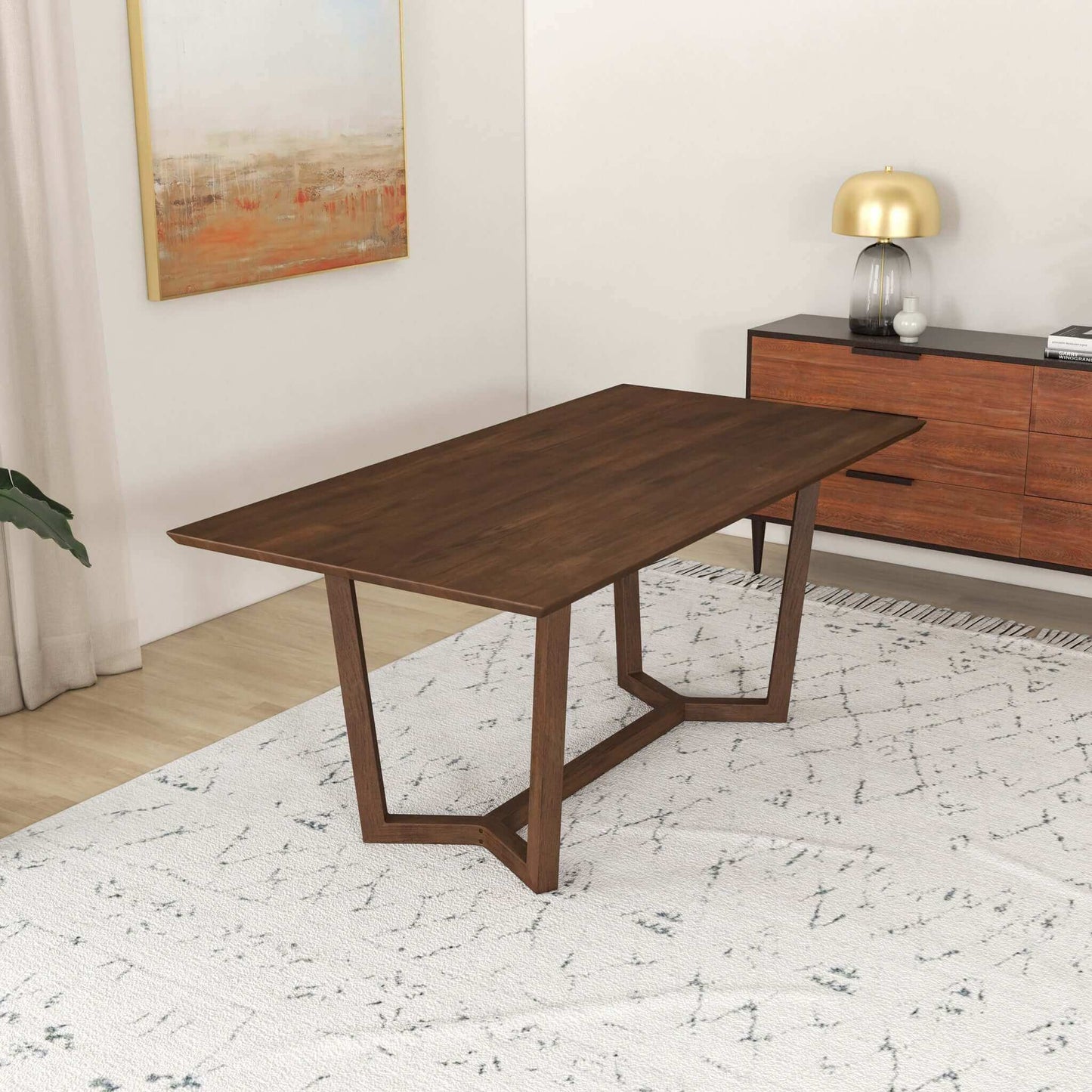 Modern wood dining table in a stylish living room with abstract wall art and sideboard