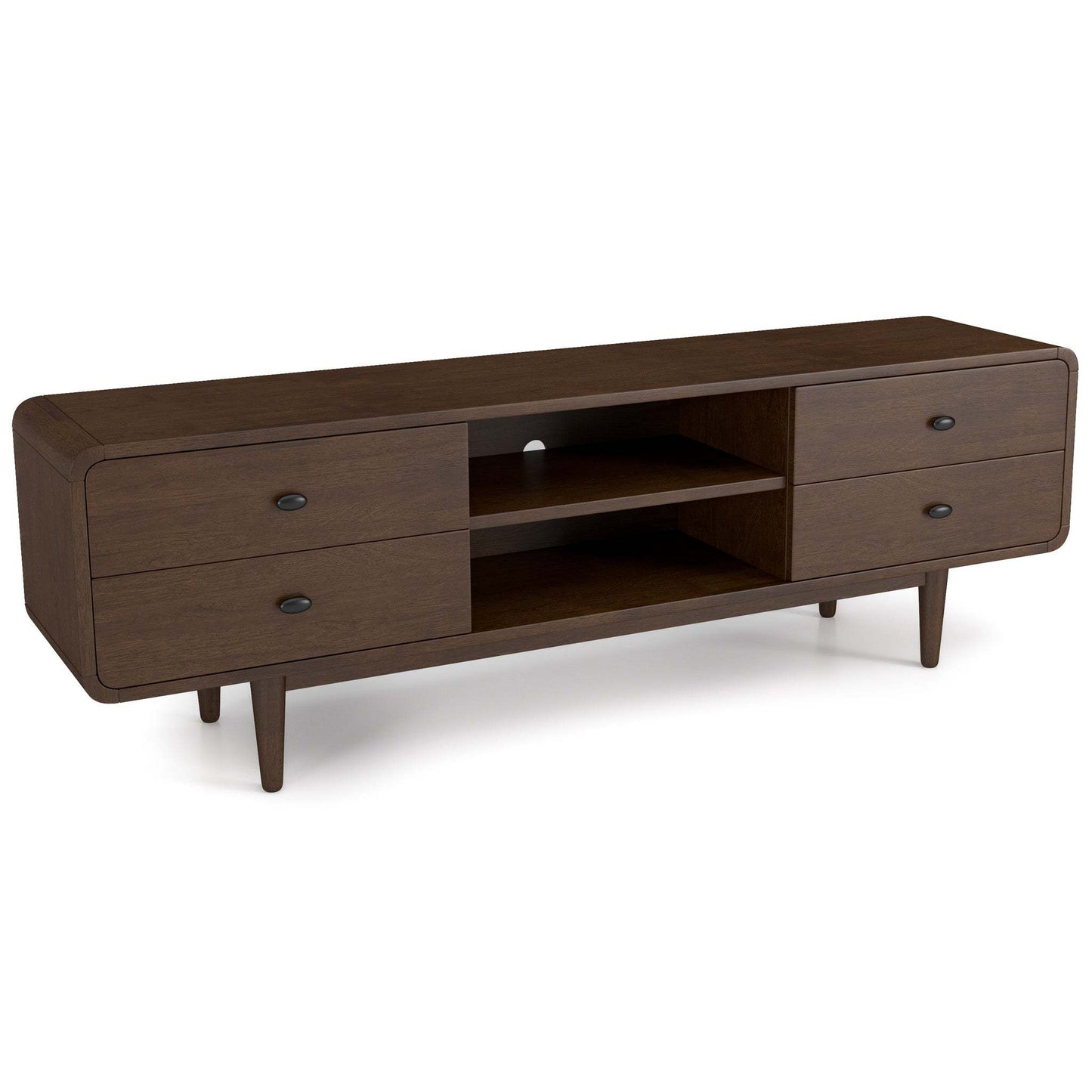 Modern dark wood TV stand with four drawers and open shelves, FredCo International furniture