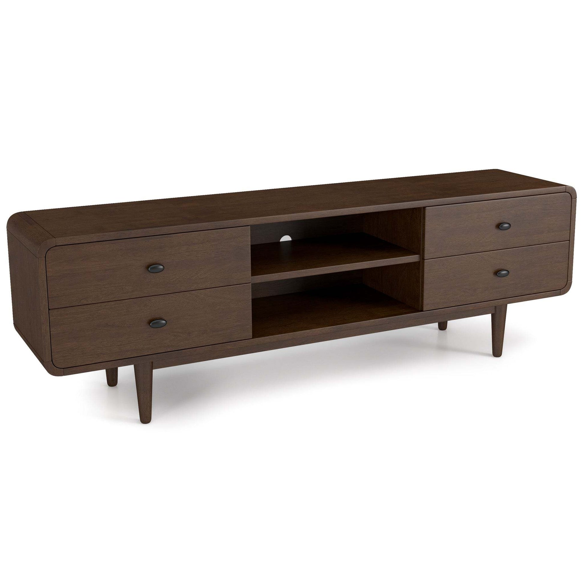 Modern dark wood TV stand with four drawers and open shelves, FredCo International furniture