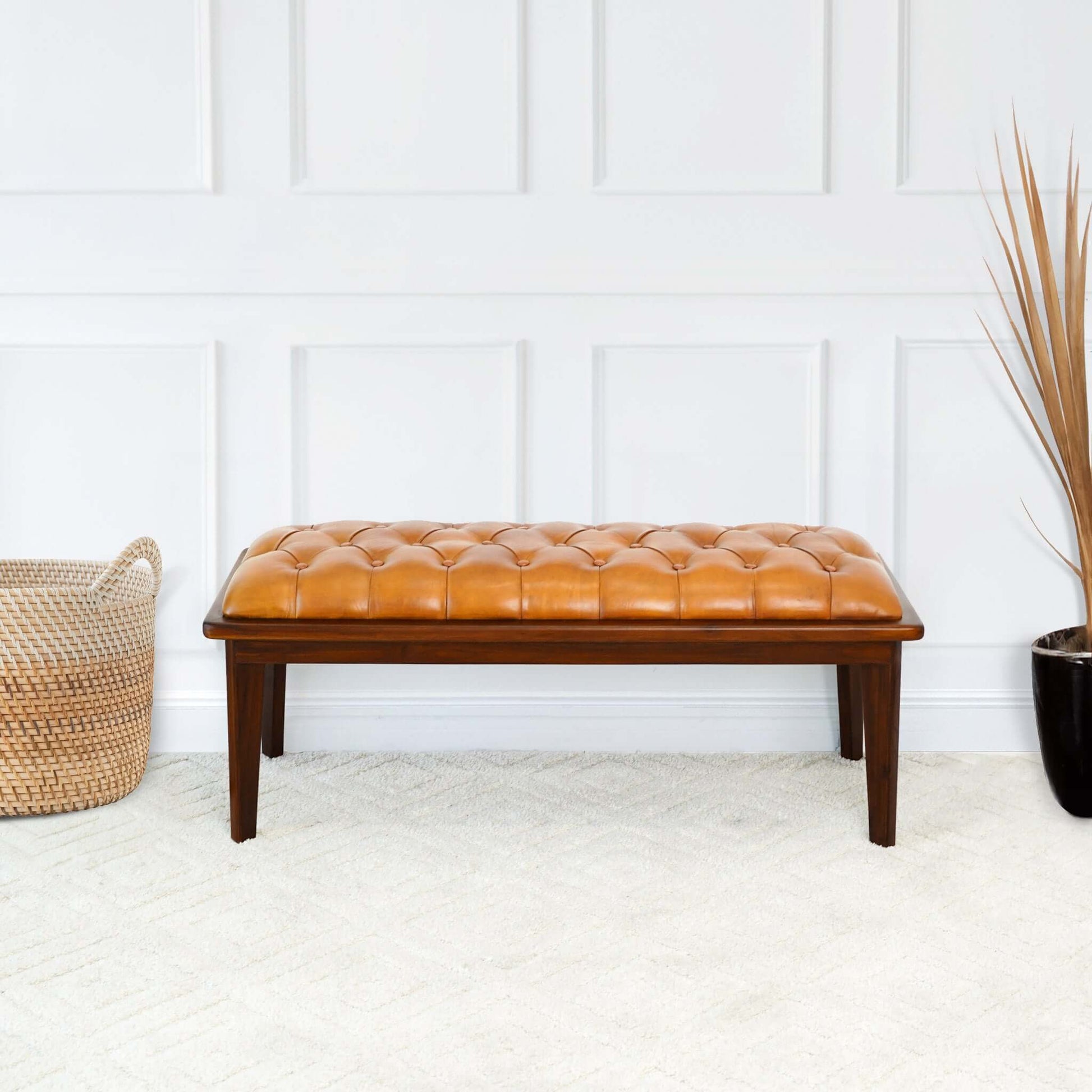 Arden Tan Leather Bench With Buttons FredCo