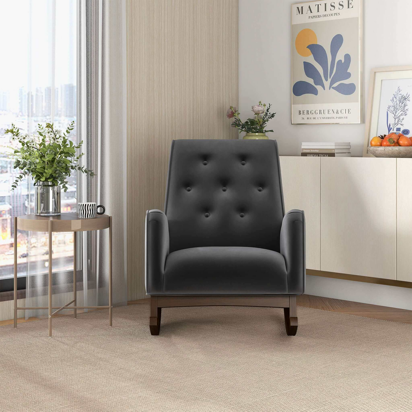 Elegant Style Demetrius Dark Grey Fabric Rocking Chair with Solid Wood Frame for Living Room and Nursery 36.6'H x 27.5'W x 39'D for Living Room Bedroom Reading FredCo