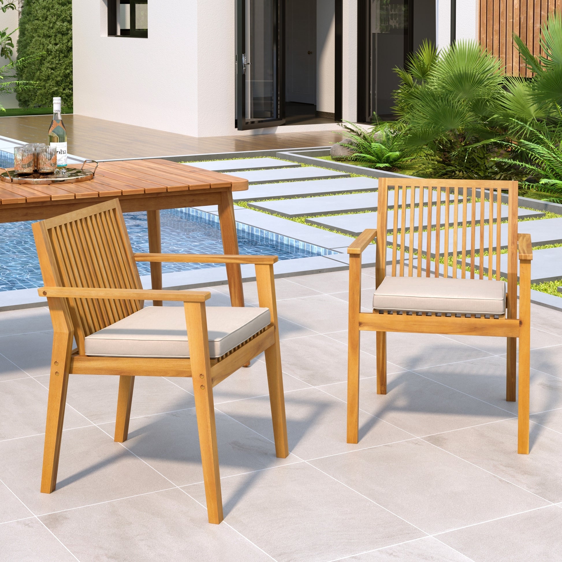 Patio Dining Chair Set of 2 - Sturdy Acacia Wood, Comfortable Waterproof Seating, 400 lbs Capacity, Natural Color Frame FredCo