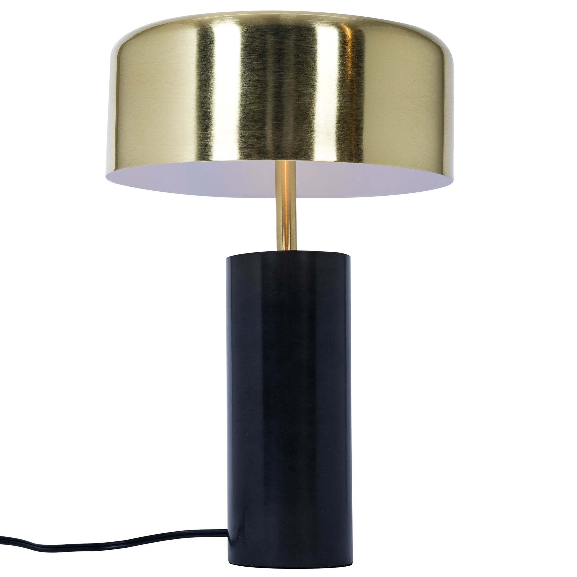 Modern table lamp with gold shade and black cylindrical base, FredCo International furniture
