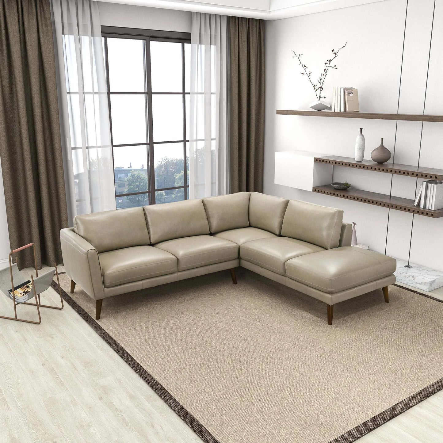 Modern beige sectional sofa in bright living room with large window and minimalist decor