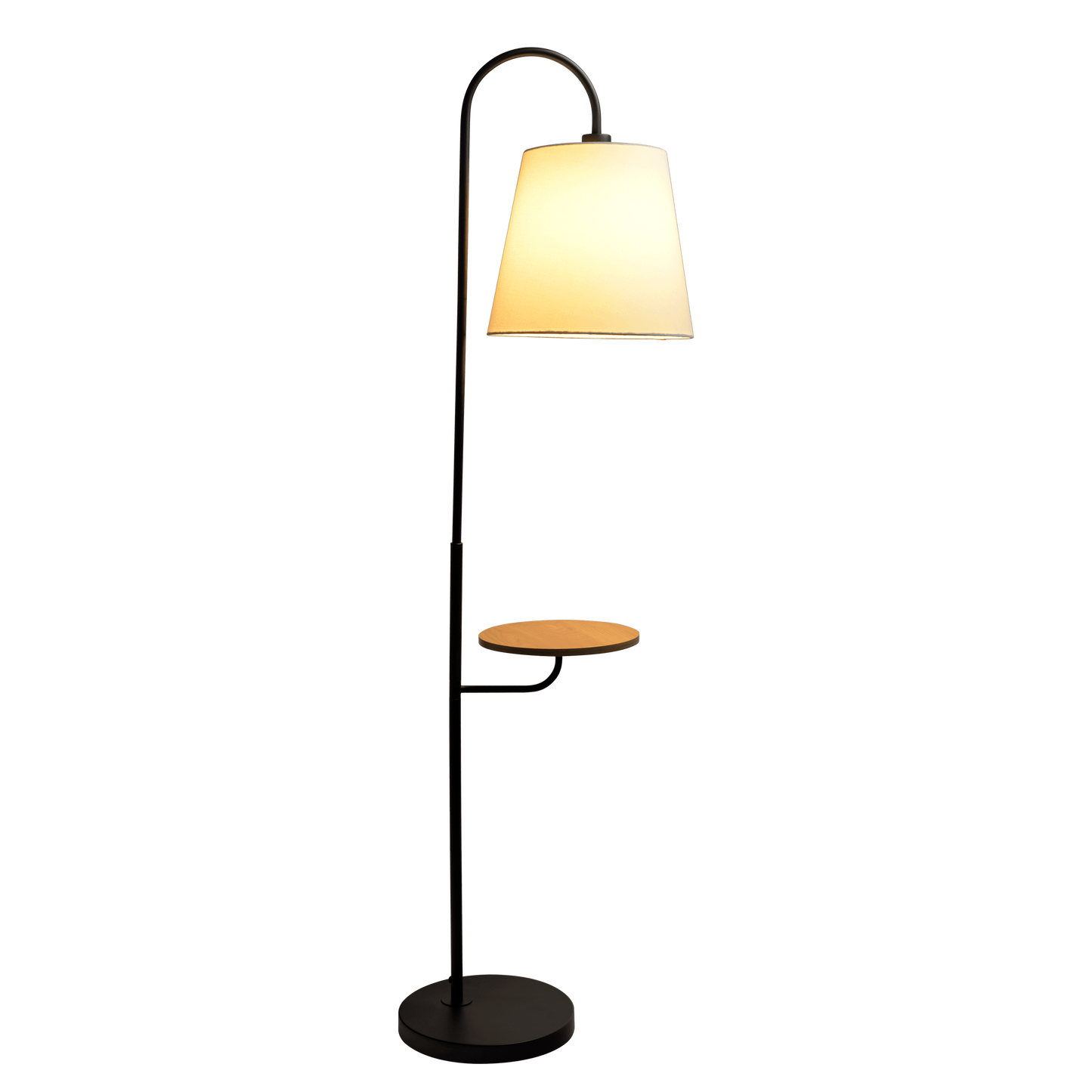 Modern floor lamp with round side table and cream shade, FredCo International furniture