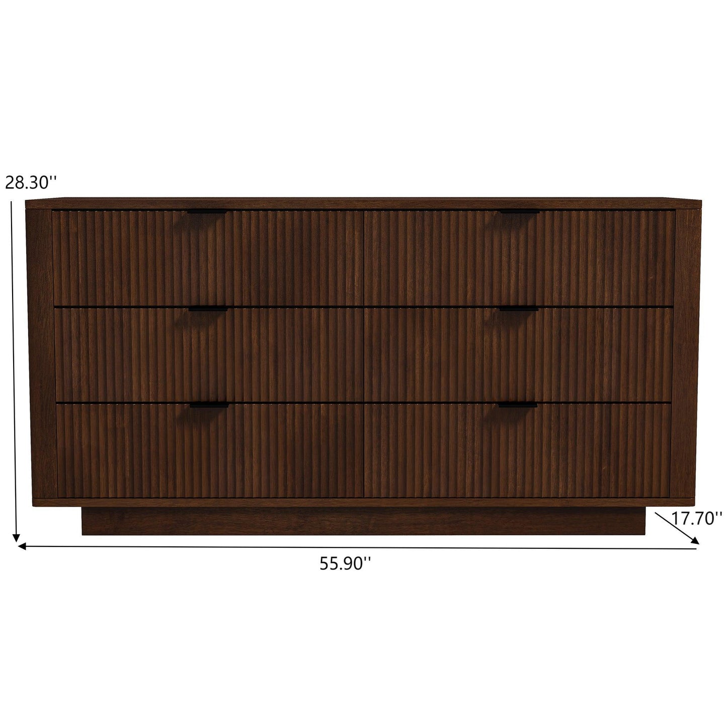Modern dark wood dresser with three drawers and fluted design, measurements shown