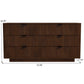 Modern dark wood dresser with three drawers and fluted design, measurements shown