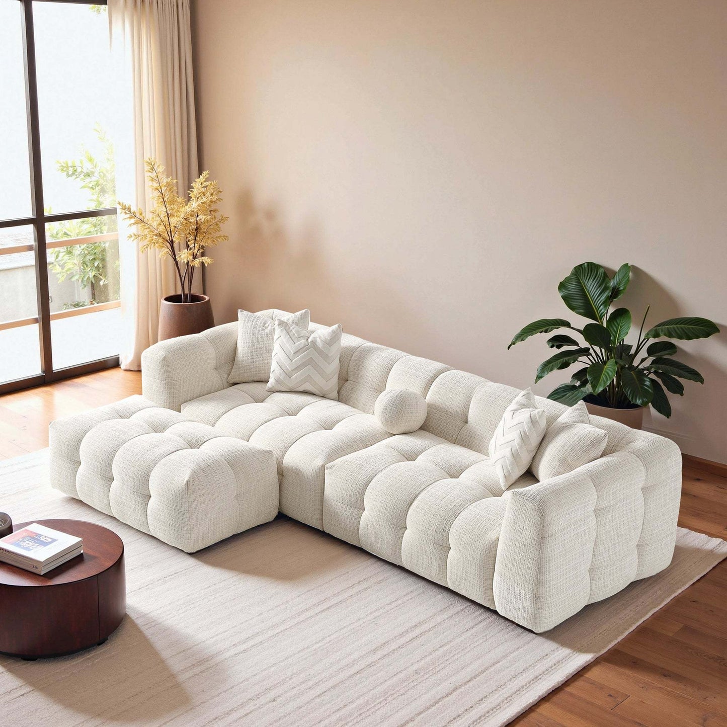 Alana Tufted Ivory Chenille Modular Sectional Sofa with Reconfigurable Layouts and Soft Upholstery FredCo