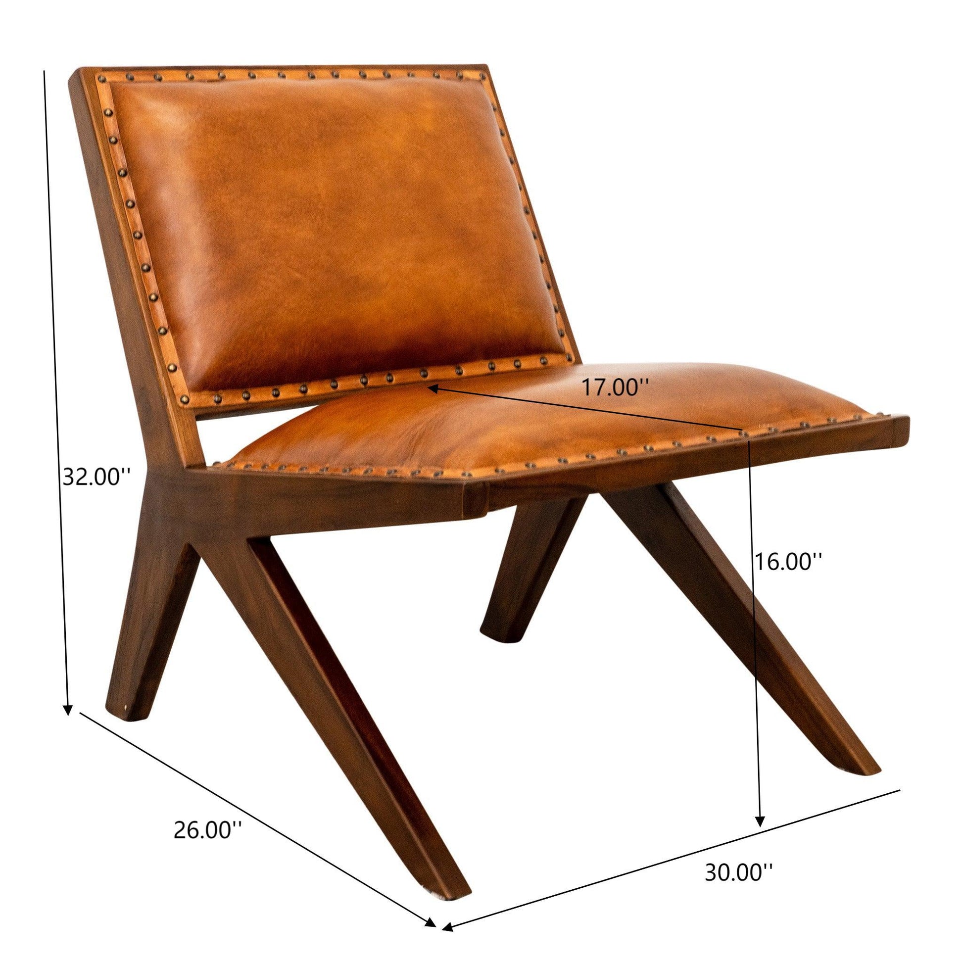 Modern accent chair with brown leather upholstery, wooden frame, and visible dimensions