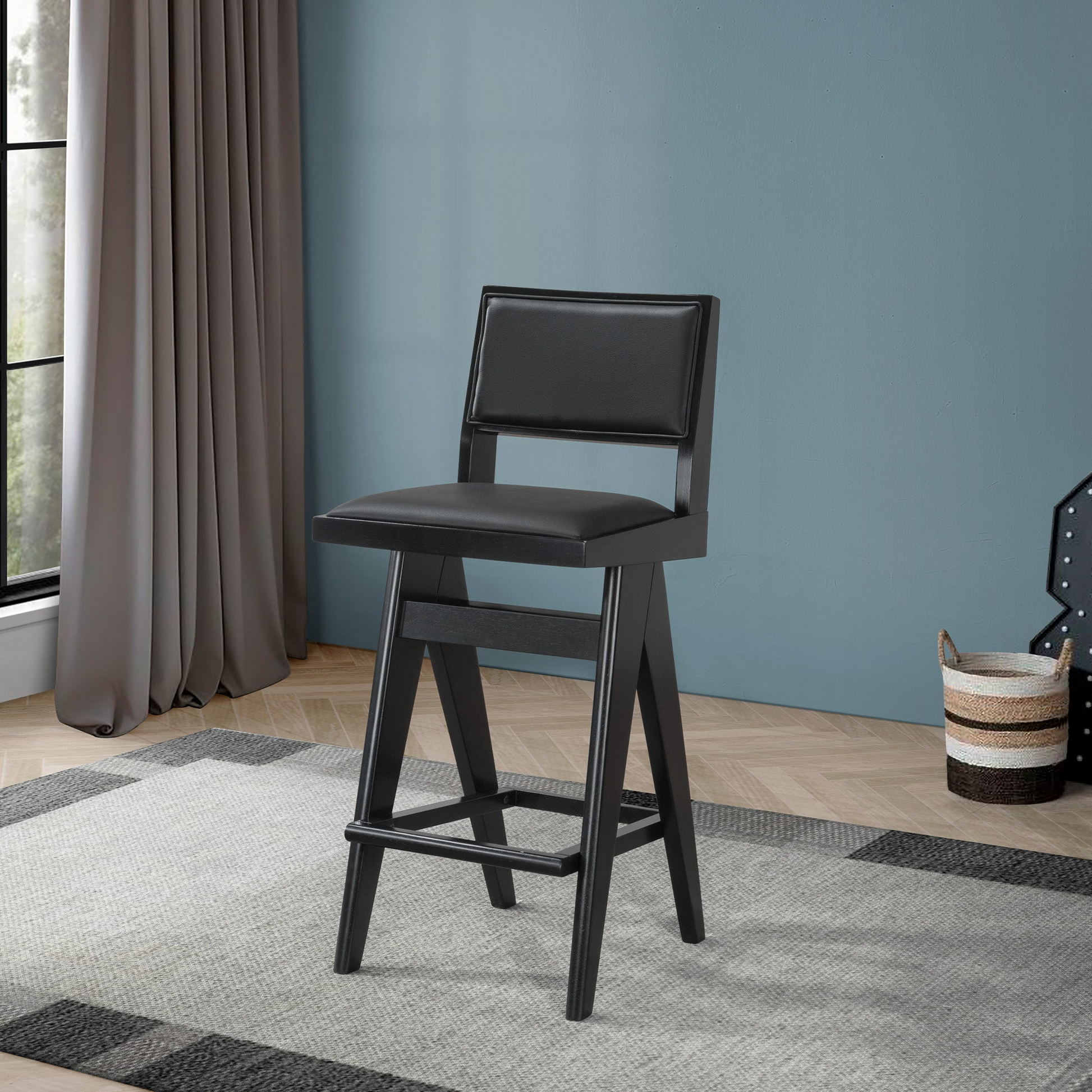 Keira Mid-Century Bar Stool Black PU Leather Solid Wood 18.11 x 17.52 x 38.58 inches Kitchen Counter Barstool with Back Bar Stool (Set of 2) FredCo